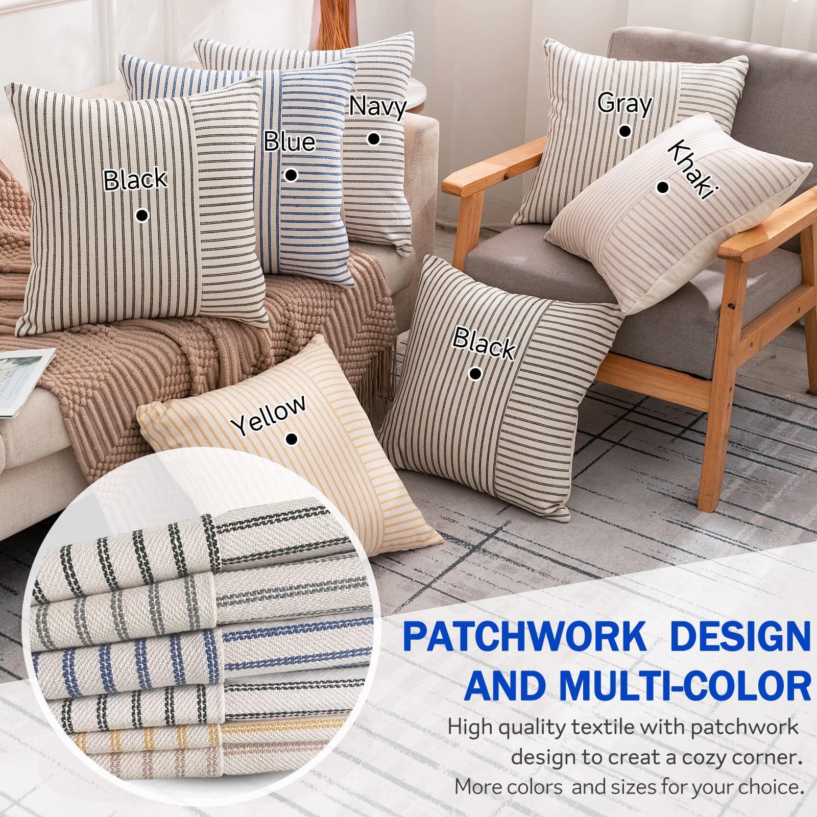 YCOLL Lot de 2 Housse Coussin 30 x 50 Housse de Coussin Coton Lin Coussin canape Rayures Coussin déco bohème Coussin canape déco pour canapé Salon Chambre Coussins d'extérieur 30 x 50 Gris