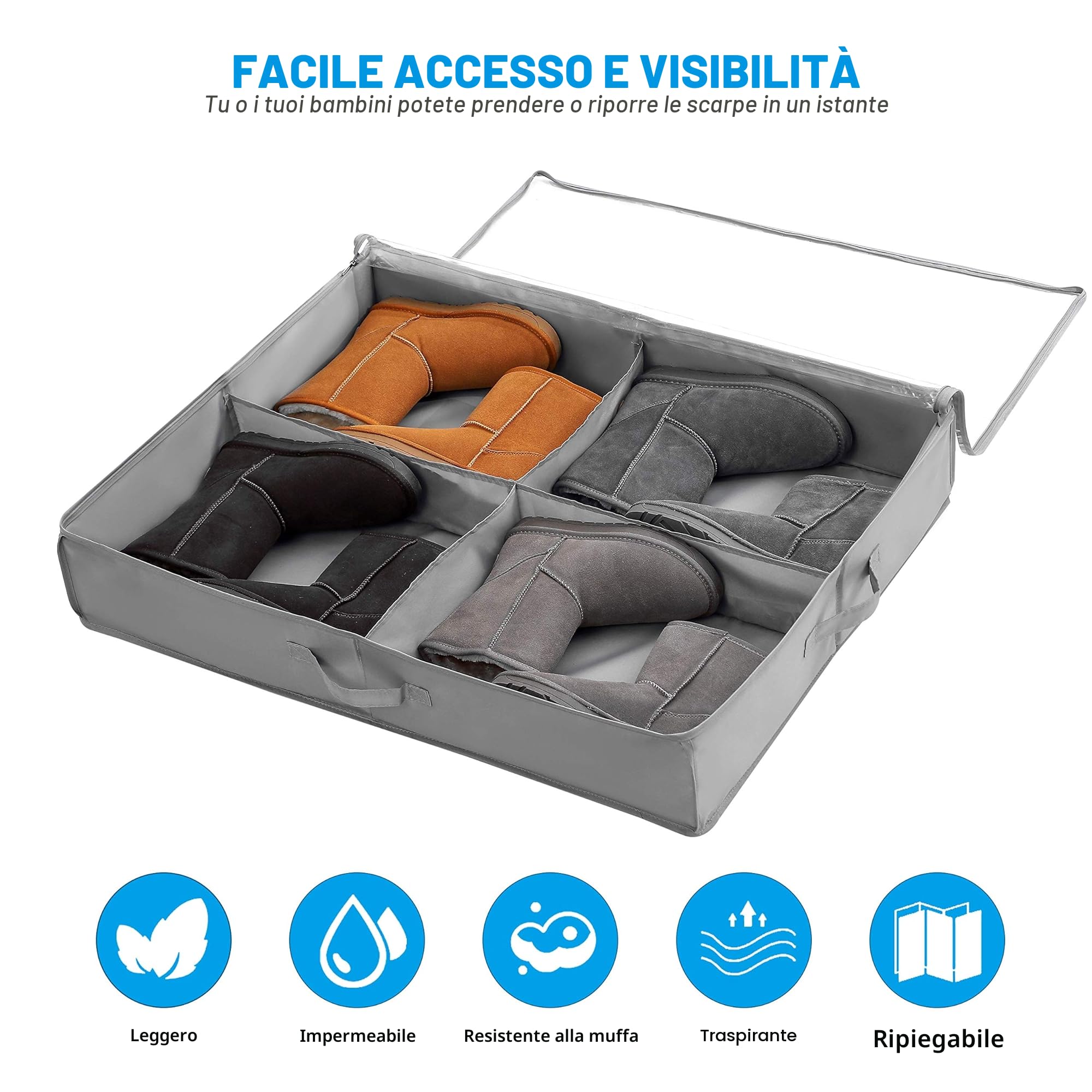 VAESIDA Porta Scarpe Pieghevole sotto Il Letto 2 Pezzi, per 16 + 4 paia di Stivali, Custodia Sottoletto Contenitori per Scarpe, Manici Rinforzati, Organizer Scarpe Trasparenti Divisori Regolabili