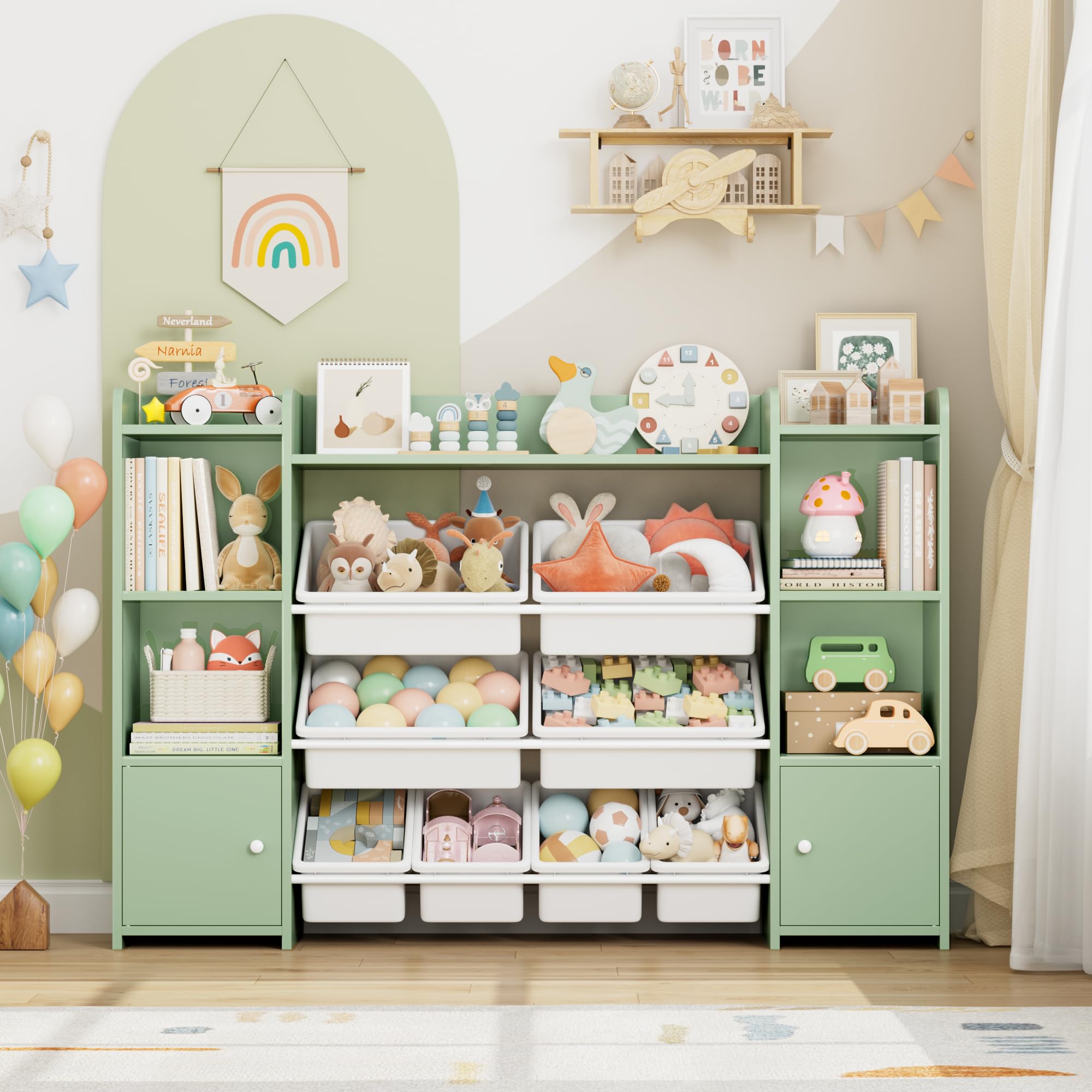 FOREHILL Scaffale per Giocattoli con 8 Contenitori Rimovibili in Plastica,Organizzatore Libreria per Bambini con Mensola Aperti, per Camera dei Giochi, 138.8 x94.3x29.6cm (Verde)