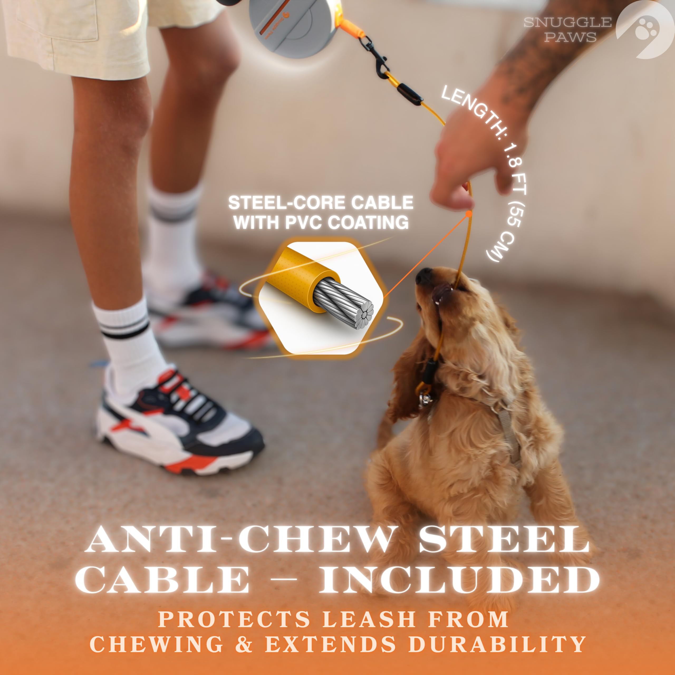 Snuggle Paws - Correa retráctil resistente para perro, diseño todo en uno con luz LED, soporte para bolsa de excrementos y sección de cable de acero antimasticación, correa de 16 pies sin enredos para