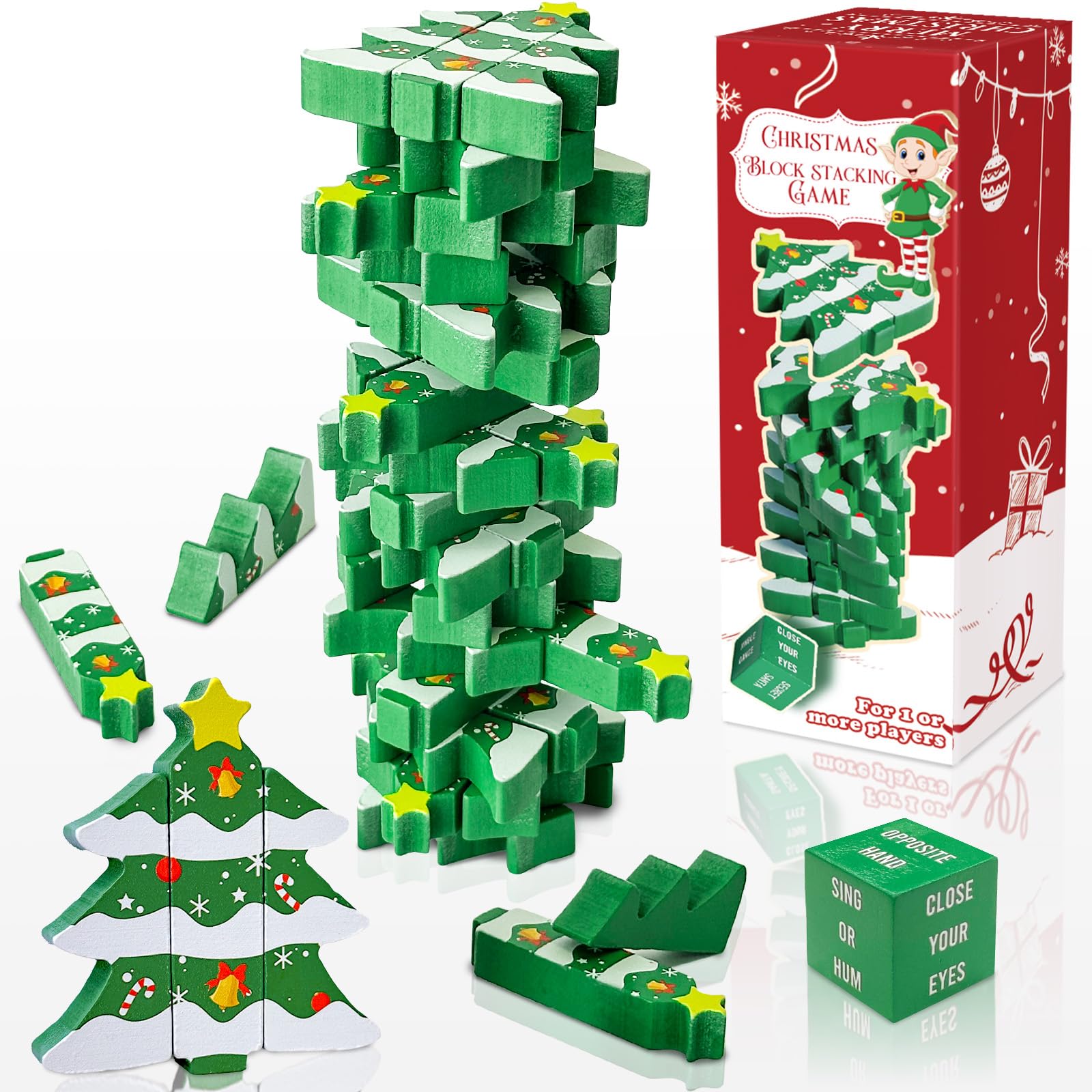 Cvkwe Wooden Blocks Tower Game Stacking Toys, Christmas Tree Family Board Games for Kids and Adults, Kids Gifts for 3 4 5 6 Year Olds Girls or Boys