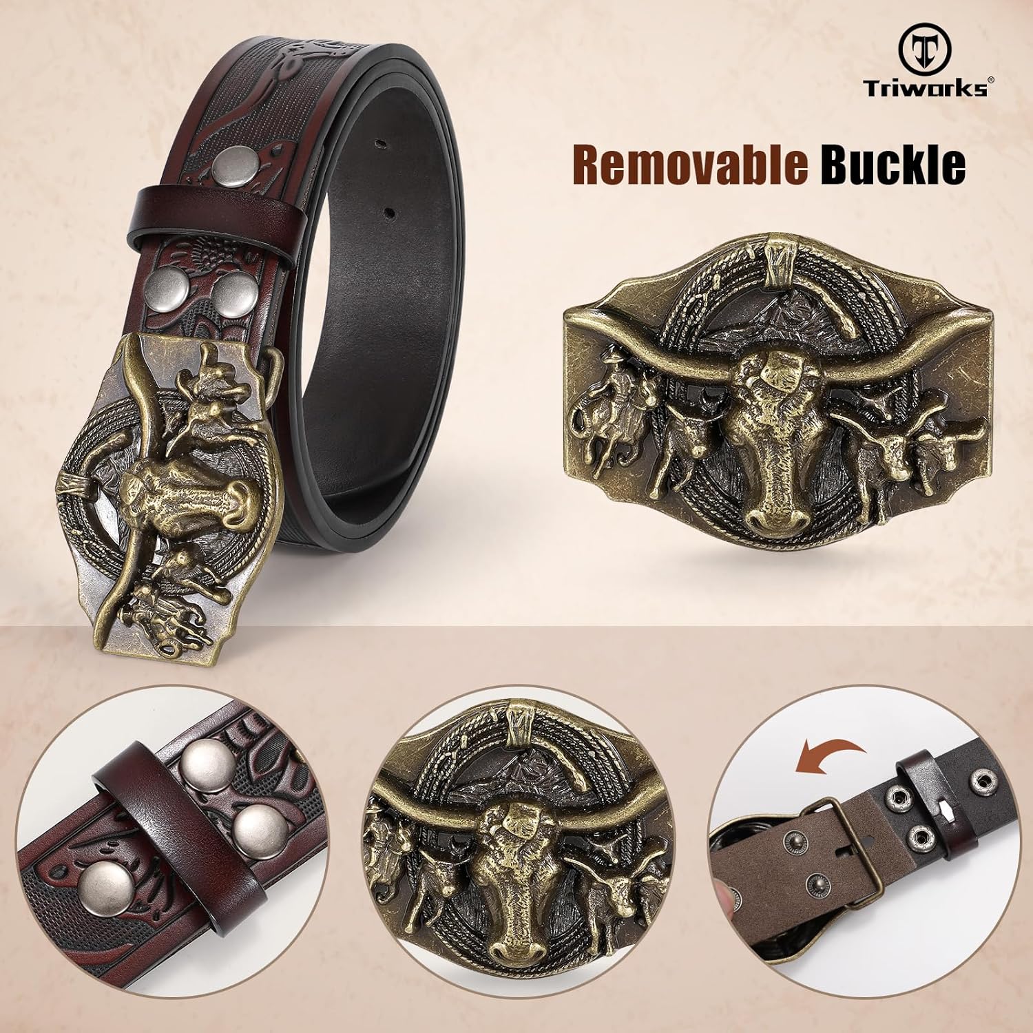 TRIWORKS Western Leather Belt for Men Cowboy Cowgirl Belt for Jeans - Image 2