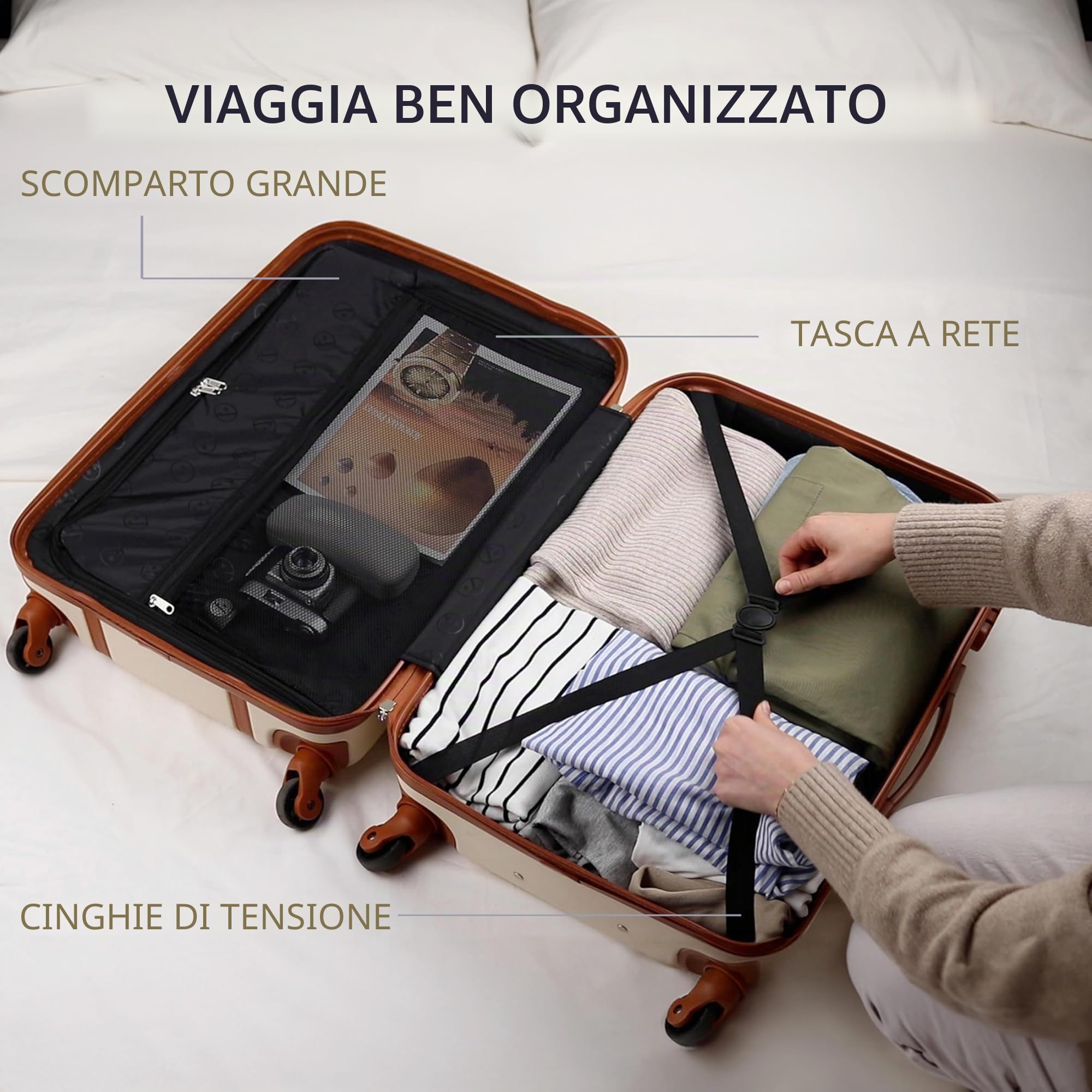 FERGÉ set di 3 valigie viaggio MILANO - bagaglio rigido dure leggera 3 pezzi valigetta 4 ruote beige