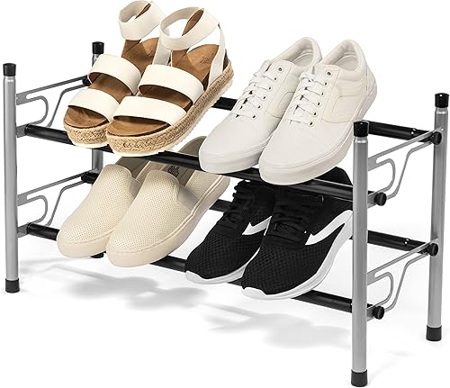 Miniatura 7 de USTECH Zapatero expandible, organizador de almacenamiento ajustable de 2 niveles, estante de almacenamiento de zapatos de metal apilable, ajustable,