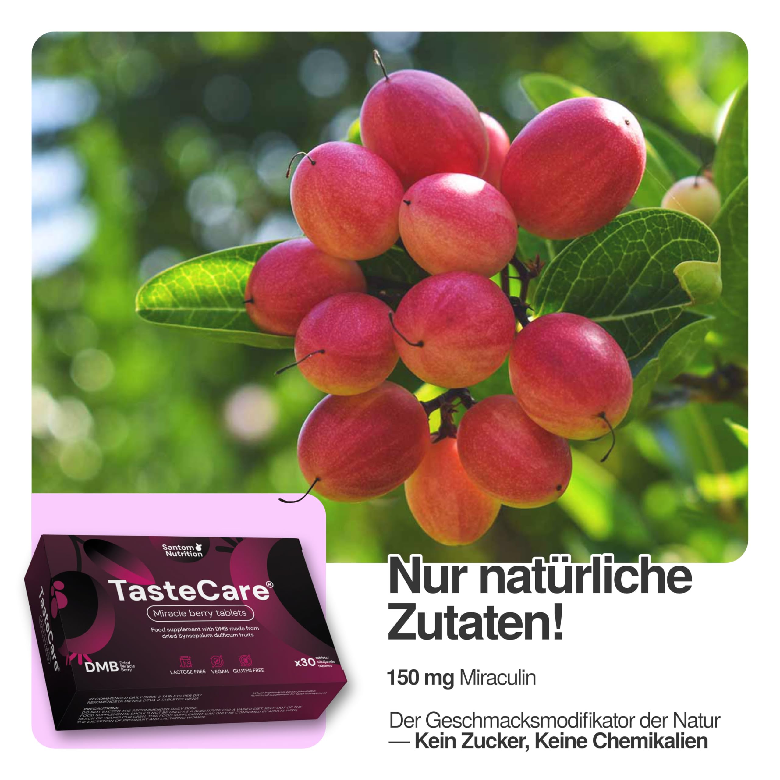 TasteCare Miracle Berry Tabletten | 30 Stück | Macht Saures Süß in Sekunden | Wirkung bis 1 Stunde | Miraculin Tabletten aus Wunderbeere | Zuckerfreie Süßigkeiten | Hergestellt in der EU