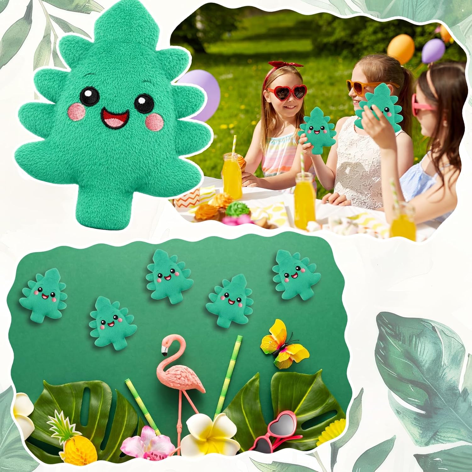 RoundFunny 12 Pcs Summer Palm Leaf Plush Stuffed Animal Tropical Hawaiian Luau Party Favor Soft Toys Gifts Religious Christian Supplies for Summer Jungle Hawaiian Luau Theme Party Supplies 4 Inches