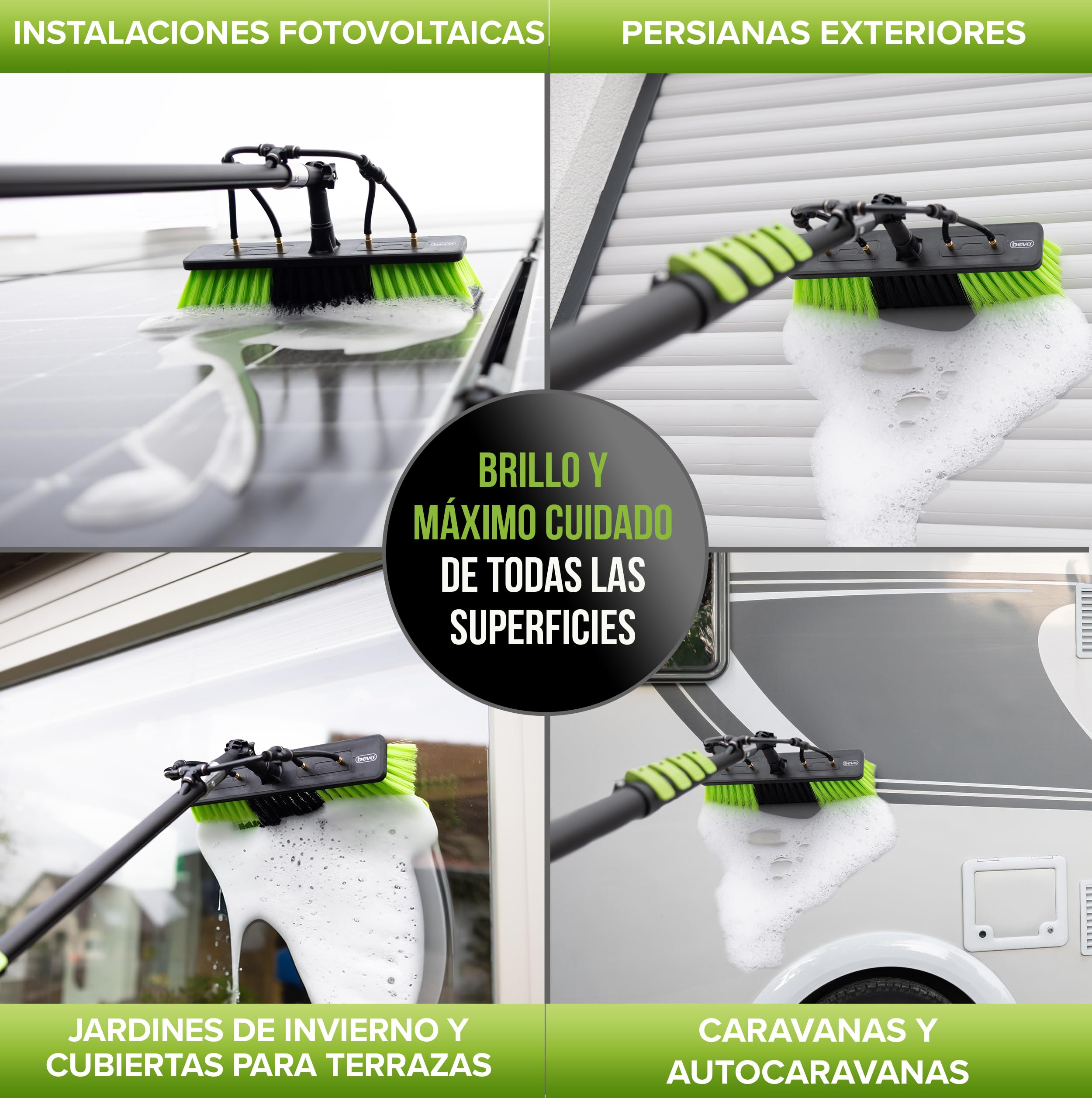 bevo - Cepillo de Lavado telescópico 3 en 1 de 7,2 m para Limpieza fotovoltaica, Ventanas, autocaravanas y Techo - Barra telescópica y Cepillo telescópico de Limpieza con conexión de Agua, Cepillo de