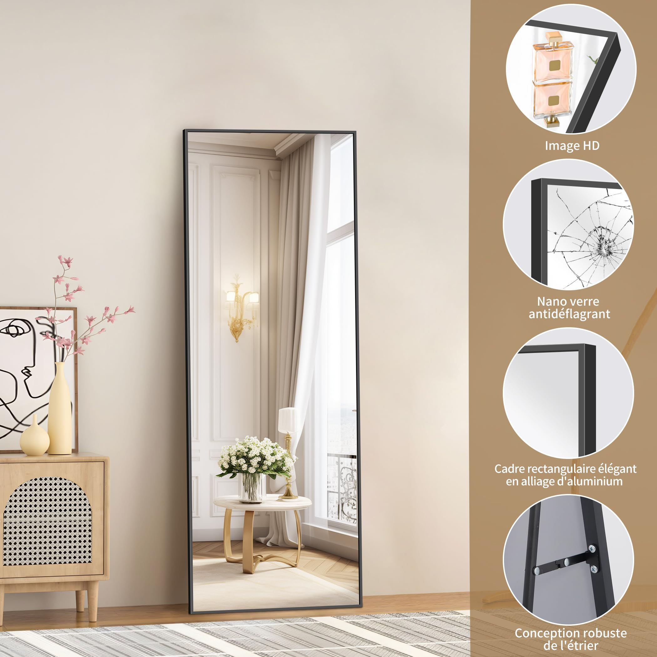 Miroir Intégral 44 x 147 cm Rectangulaire Grand Miroir Mural Cadre Noir