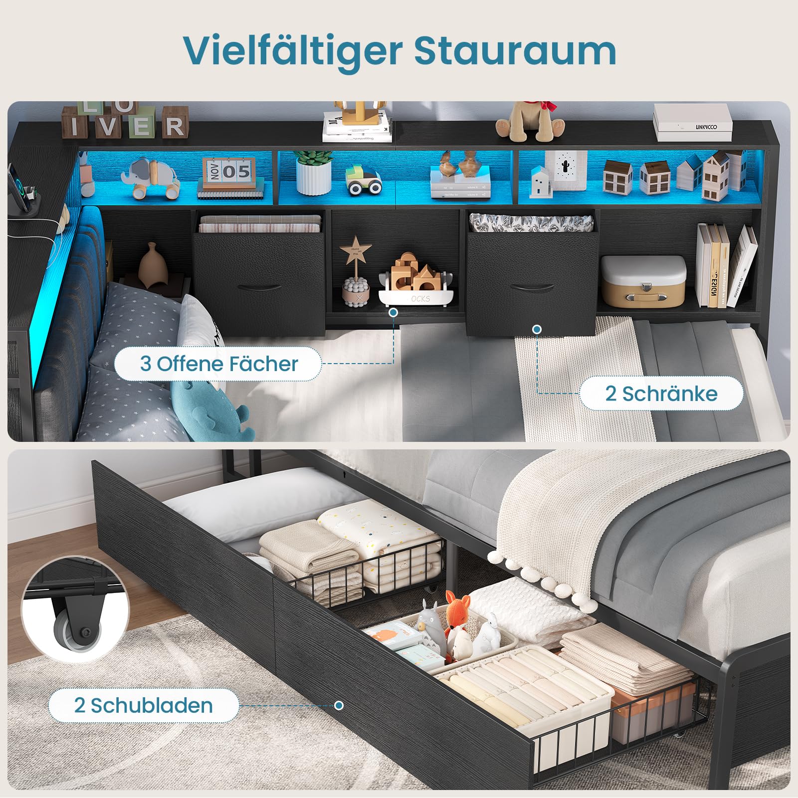 Polsterbett Schlafsofa 90 x 200 mit LED-Beleuchtung und USB-Ladestation,Jugendbett 90 x 200 cm,Tagesbett,Eckbettgestell aus LED-Metall mit 2 Schubladen und Bücherregal,Grau