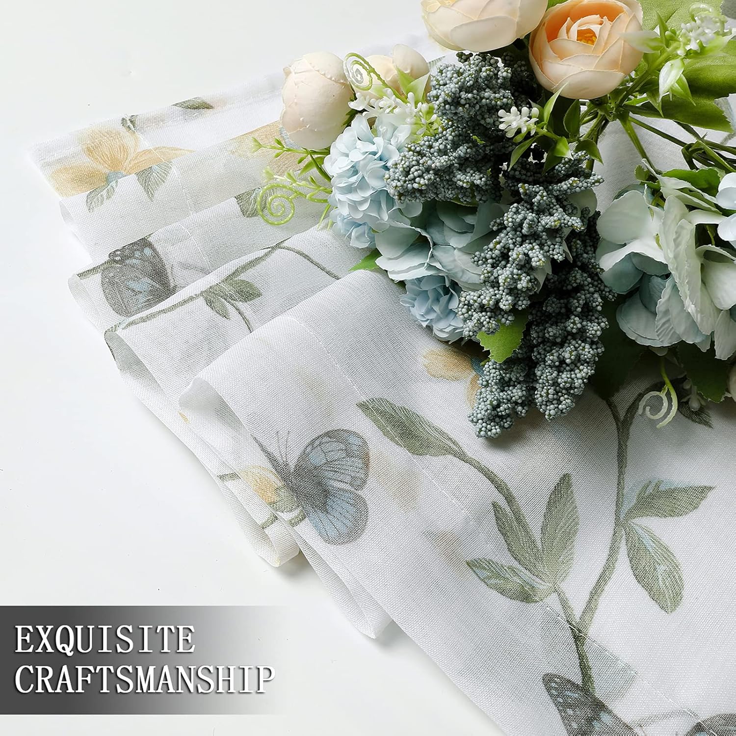 Tollpiz Sheer Floral Curtains Yellow Flower Butterfly Printed Living Room Curtain Rod Pocket Voile Faux Linen Window Curtains for Bedroom, 54 x 72 inches Long, Set of 2 Panels