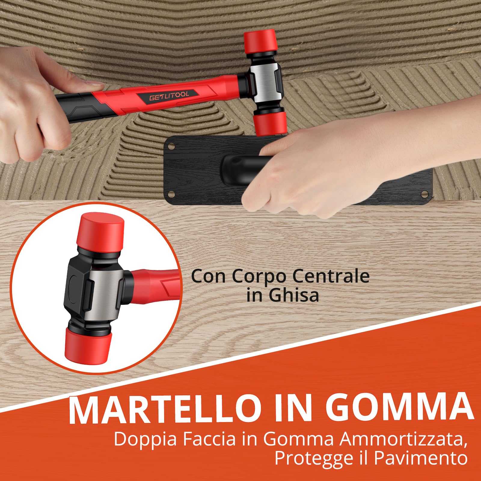 GETLITOOL Kit per Installazione Pavimento Laminato, 60 Distanziatori, Martello in Gomma, Blocco di Battitura con Manico, Barra di Trazione con Feltro, Metro Pieghevole - Strumenti Completi per Parquet
