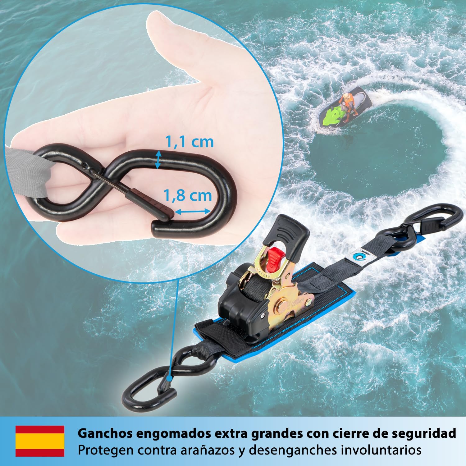 valonic Racoon - 2X 1,8m eslingas automáticas con carraca y Gancho, 25mm, 300/600 Kg, Acolchado, EN-12195-2 - cinchas de Amarre con trinquete, para Sup Board o Moto, Negro