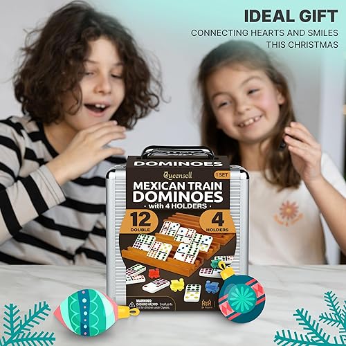 Miniatura 6 de Juego de dominó de tren mexicano con 4 soportes, dominó doble 12 con cubo de madera y soportes para azulejos, juego de dominó doble de 12 para noche