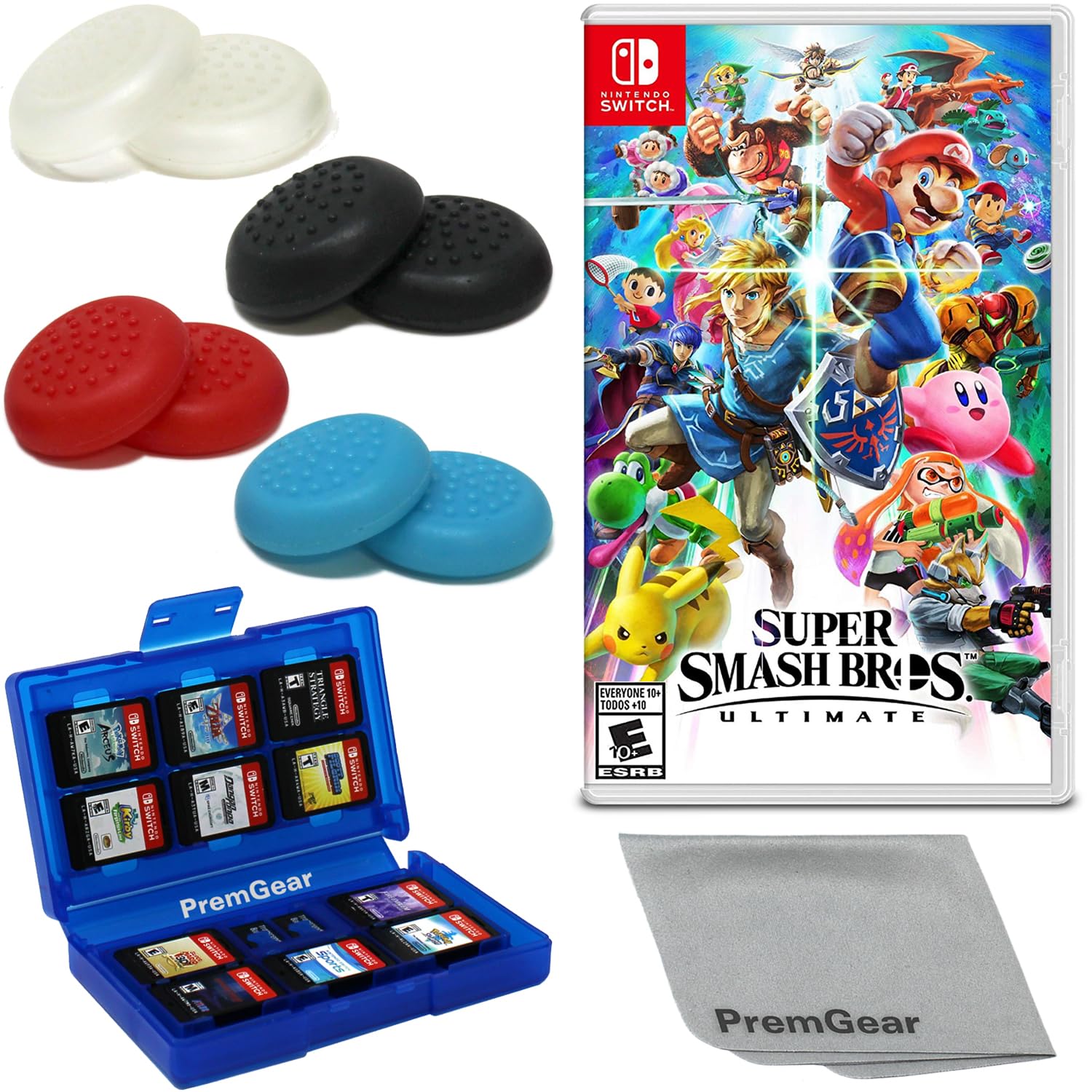 Super Smash Bros. Ultimate – Nintendo Switch con impugnature PremGear (8 pezzi – nero, blu, rosso e trasparente), porta carte da gioco a 24 slot e panno di pulizia