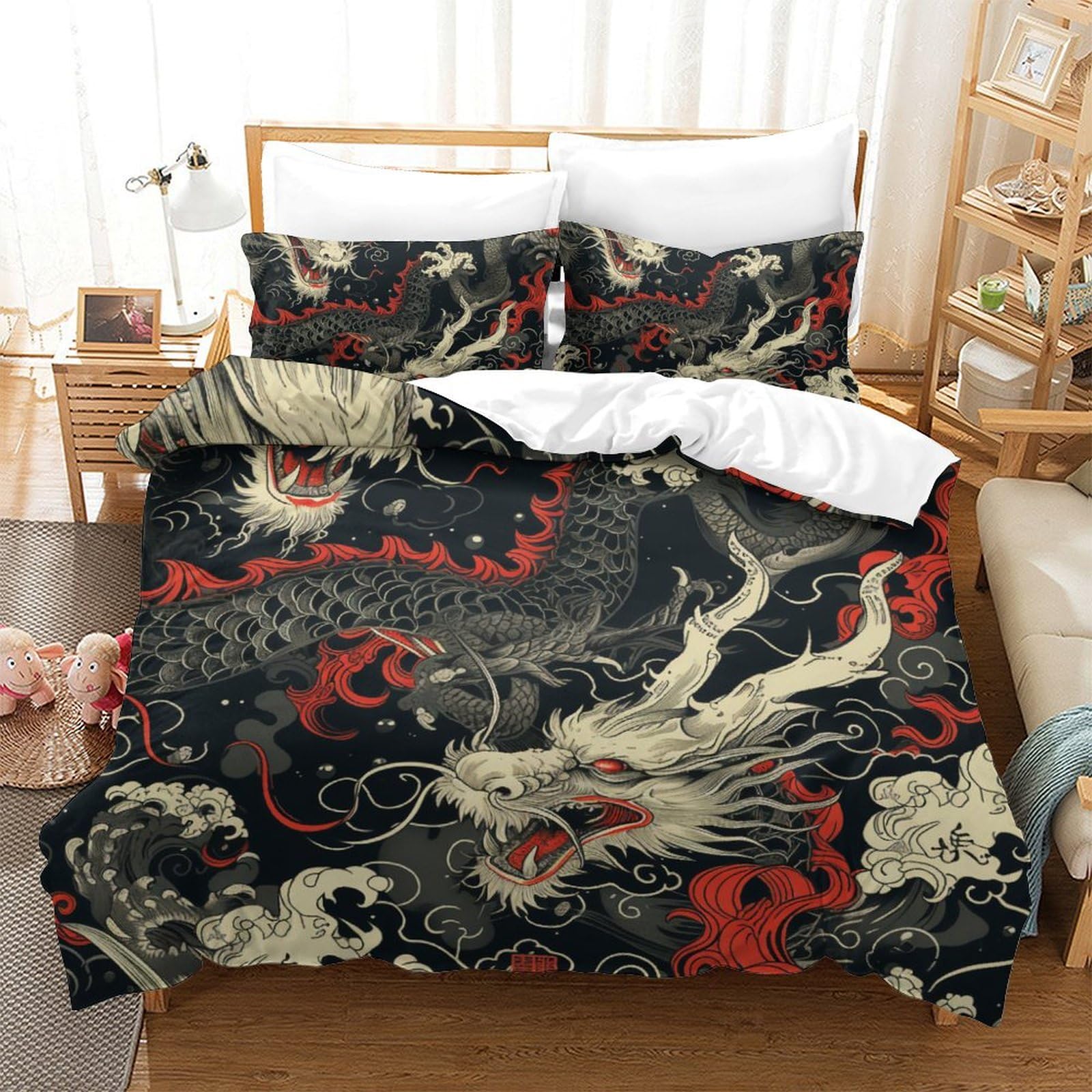 Parure de lit 220x240cm dragon pour remplacer le linge rêche par de la microfibre douce et anti-plis