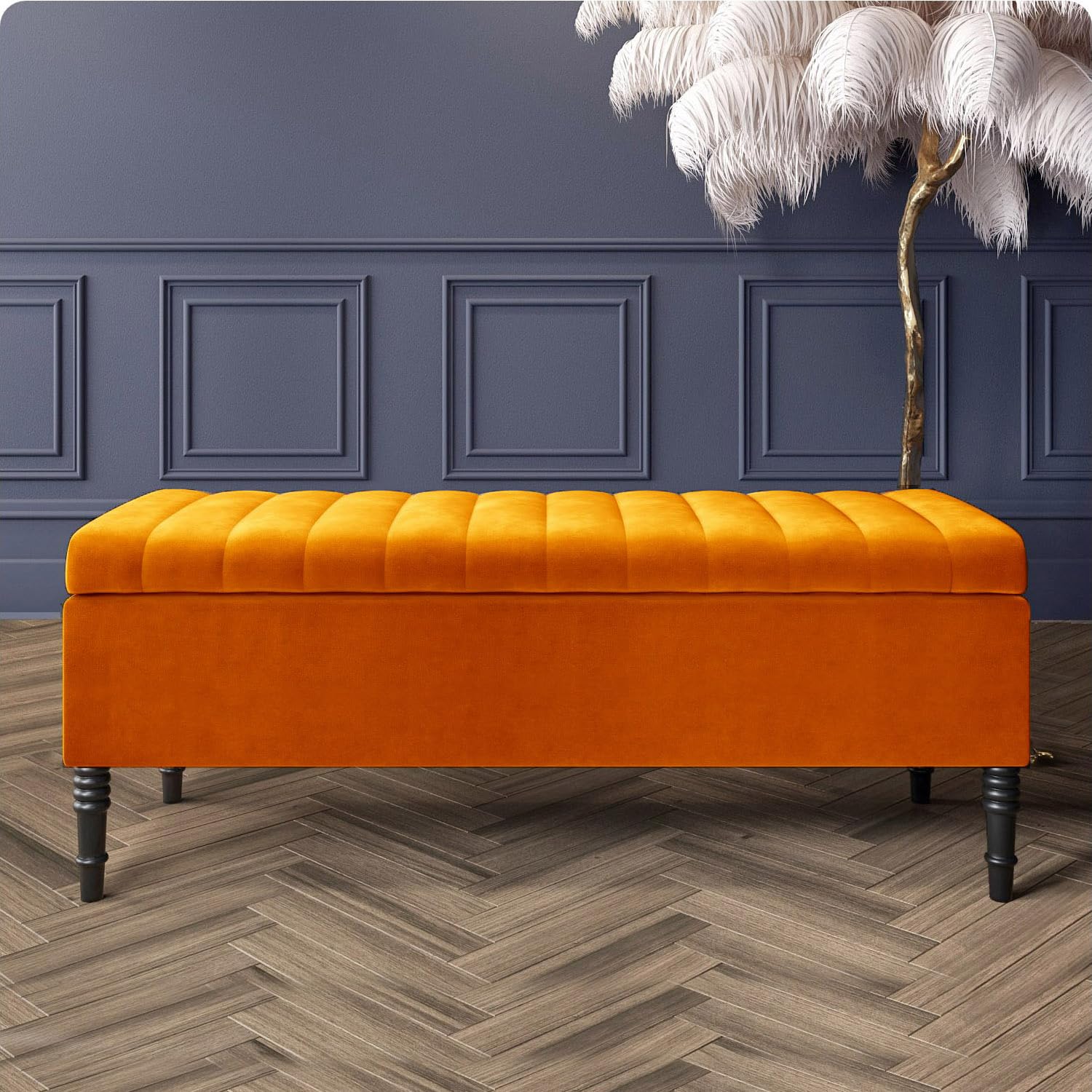 Paris Velvet Ottoman Storage Bench with Legs, End of Bed Blanket Box with Extra Deep Hidden Storage & Hinged Lid, Upholstered Ottoman Storage Box, Shoe Storage Ottoman, Padded Entryway Seat