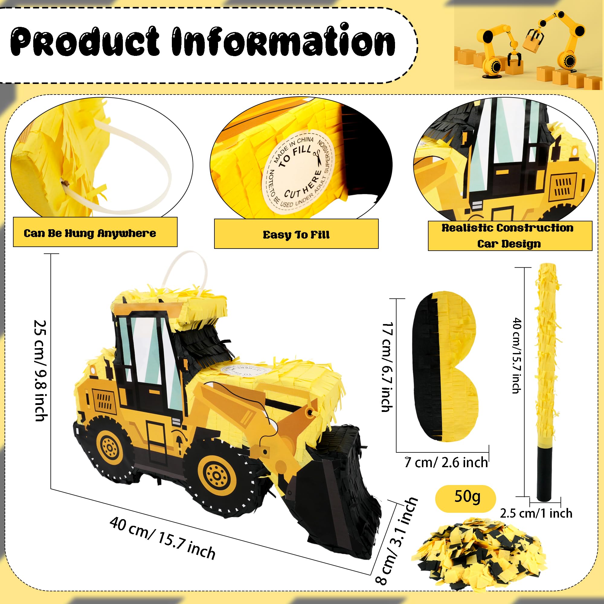Construction Dump Truck Pinata with Pinata Bat Blindfold Confetti Construction Tractor Excavator Pinatas for Kids Birthday Construction Themed Party
