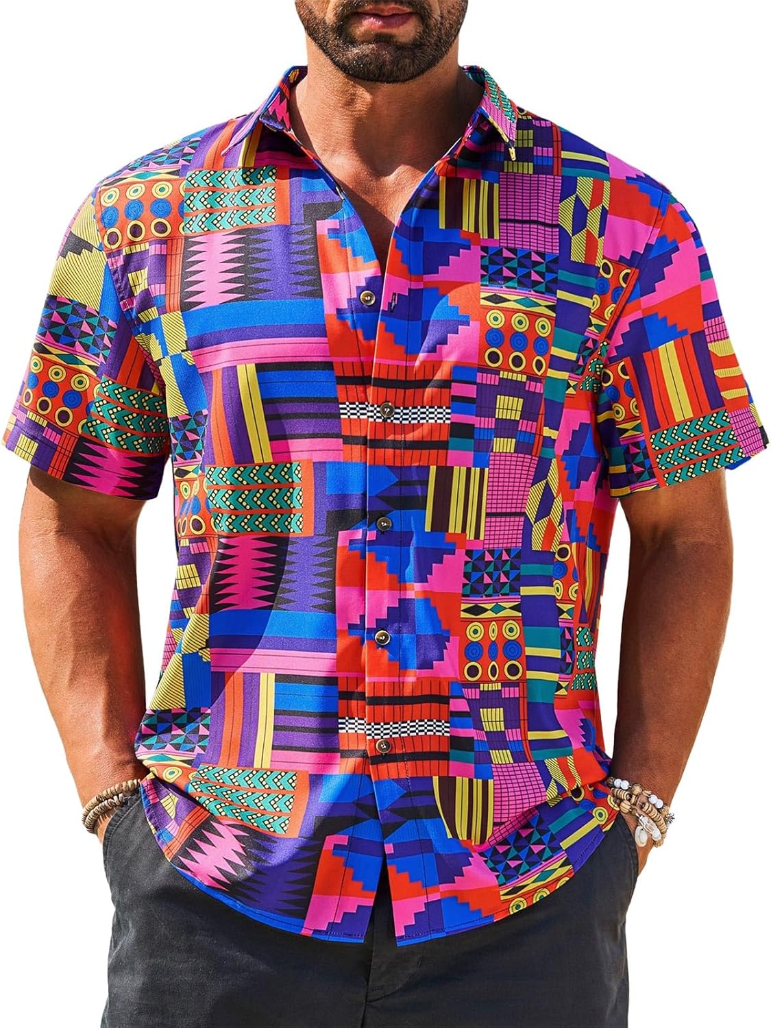 Runcati Mens Short Sleeve Shirts Button Down African Traditional Pattern Dashiki Shirt Casual Vintage Floral Hippie Tops