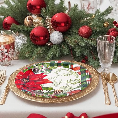 Miniatura 5 de AnyDesign - 40 platos de Navidad de 9 pulgadas, platos de papel desechables de Feliz Navidad, búfalo, flores de Pascua de Navidad, cono de pino,
