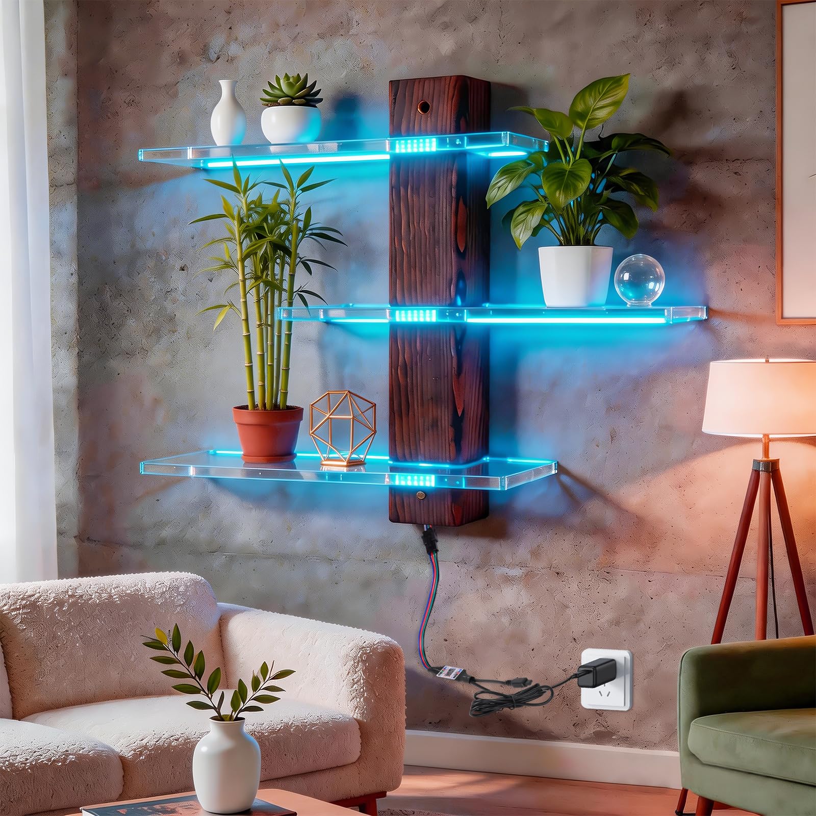 3-stöckiges Acryl-Wandregal mit RGB-Lichtern, LED-Vitrine für Sammlerstücke, Puppen, Bausteine, Parfums, kleine Pflanzen