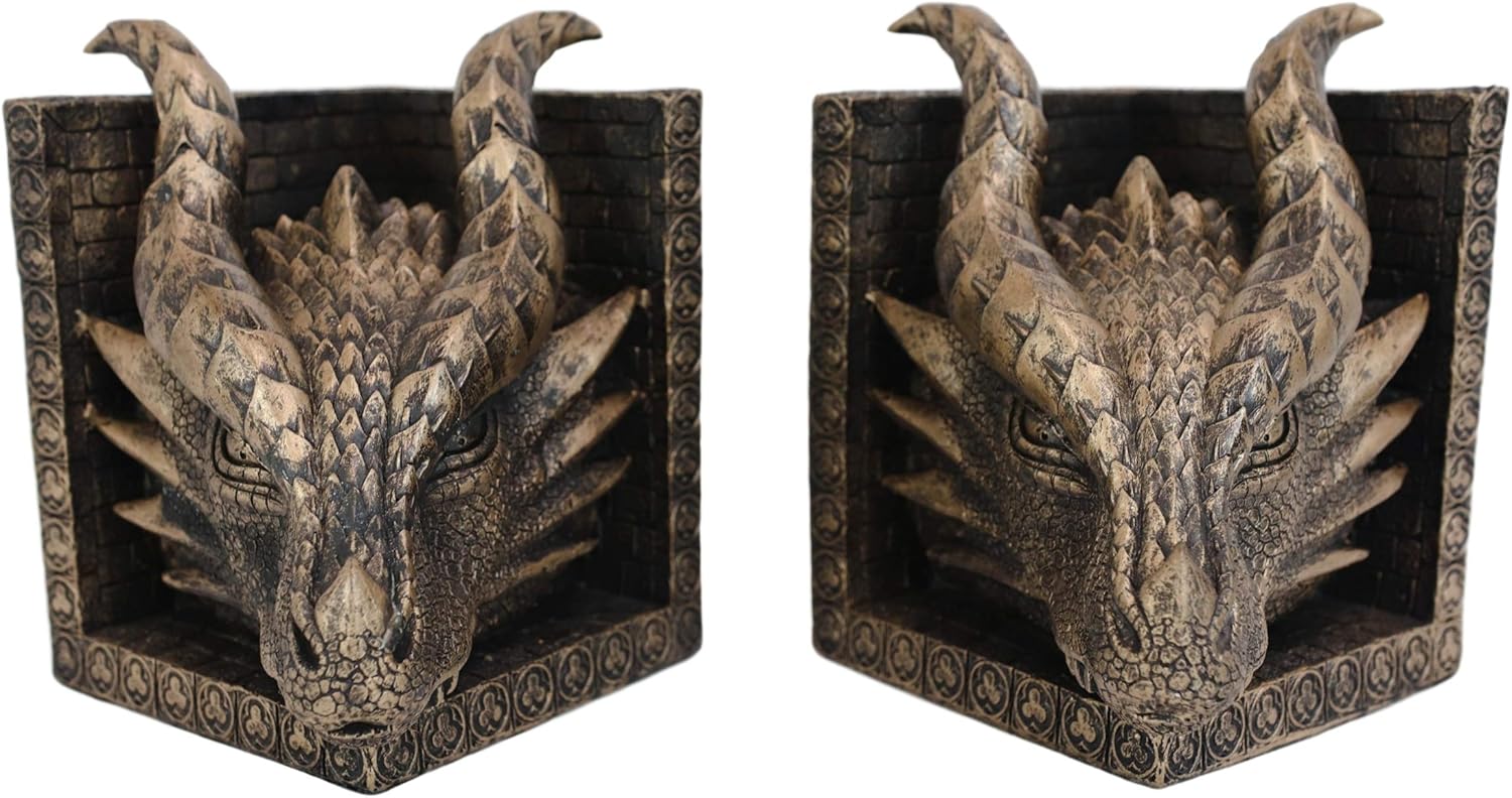 Ebros Gothic Guardians of Bibliography Brazen Twin Dragon Heads On Pediment Bookend Set Fantasy Legends Dungeons and Dragons Figurines Bookends Pair