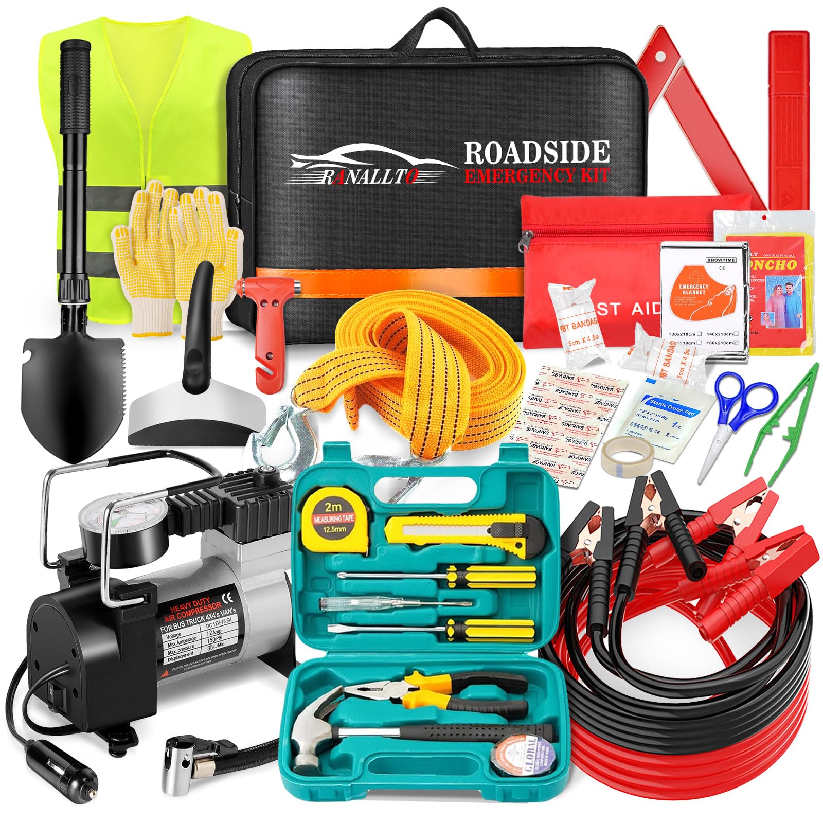 Car Emergency Roadside Kit,Vehicles Truck Road Side Safety Tool Kit with Air Compressor,Women Men Auto Winter Essentials Assistance Survival Kit with Jumper Cables First Aid Kit Blanket Shovel