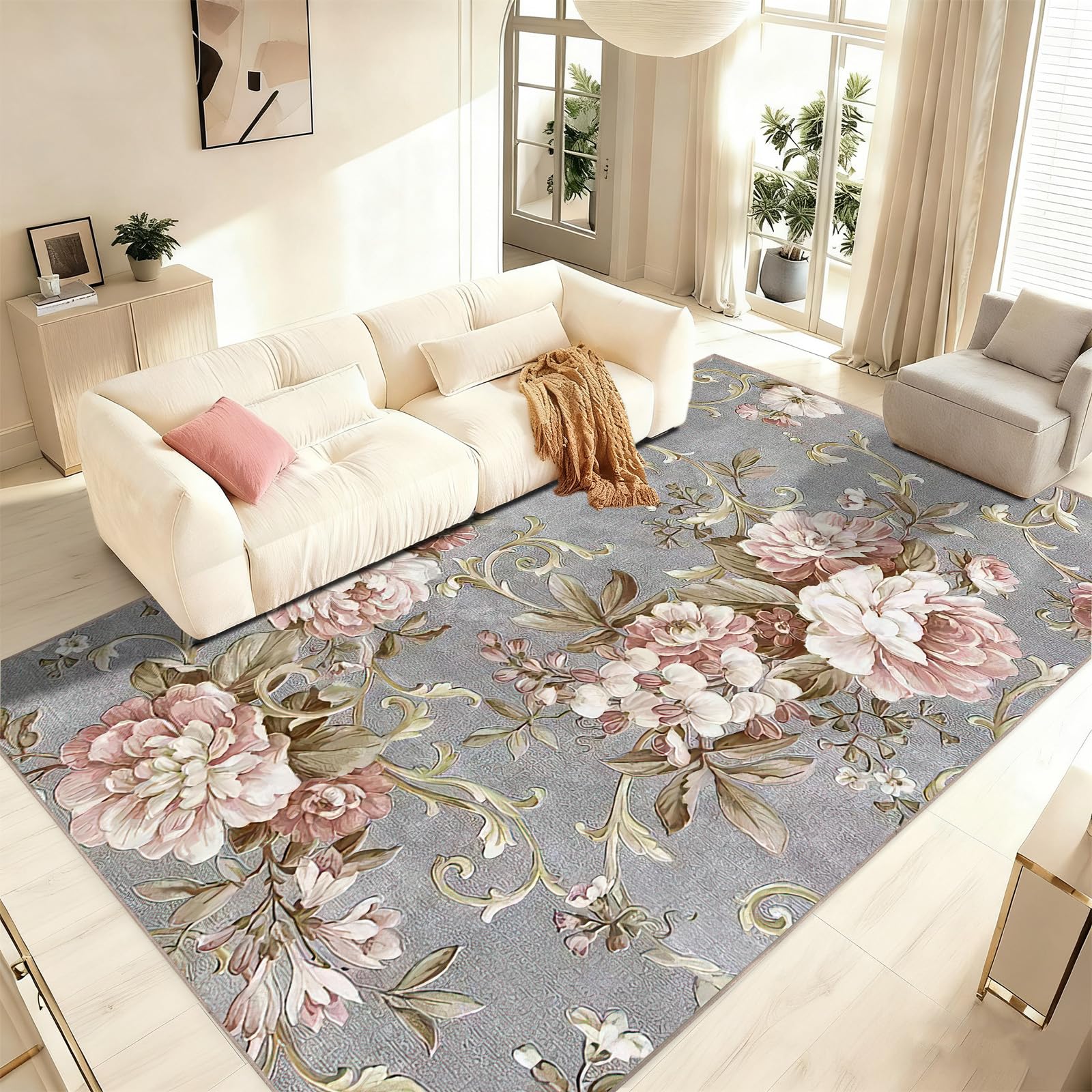 WQMMD Wohnzimmer Teppich Vintage Rosa Grau 160 x 230 cm Waschbarer Kurzflor rutschfest Boho Blumen Großer Weich Teppich Blätter Muster Design für Küche, Schlafzimmer, Esszimmer,Bauernhaus