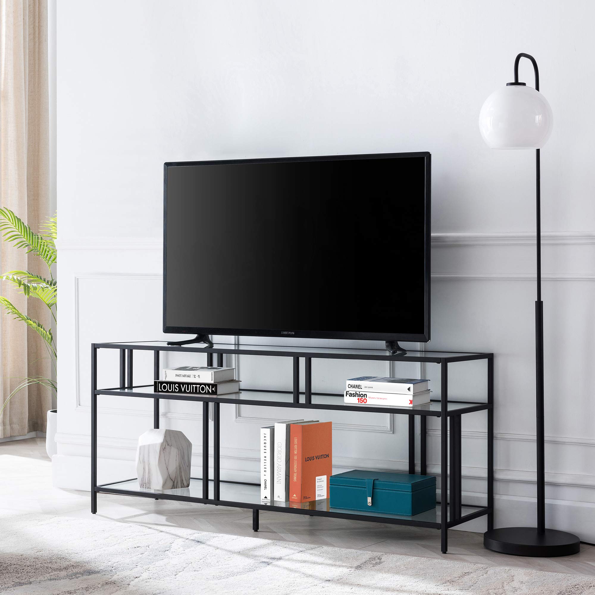 Henn&Hart Rectangular TV Stand with Glass Shelves for TV's up to 60" in Blackened Bronze, TV Stands for the Living Room