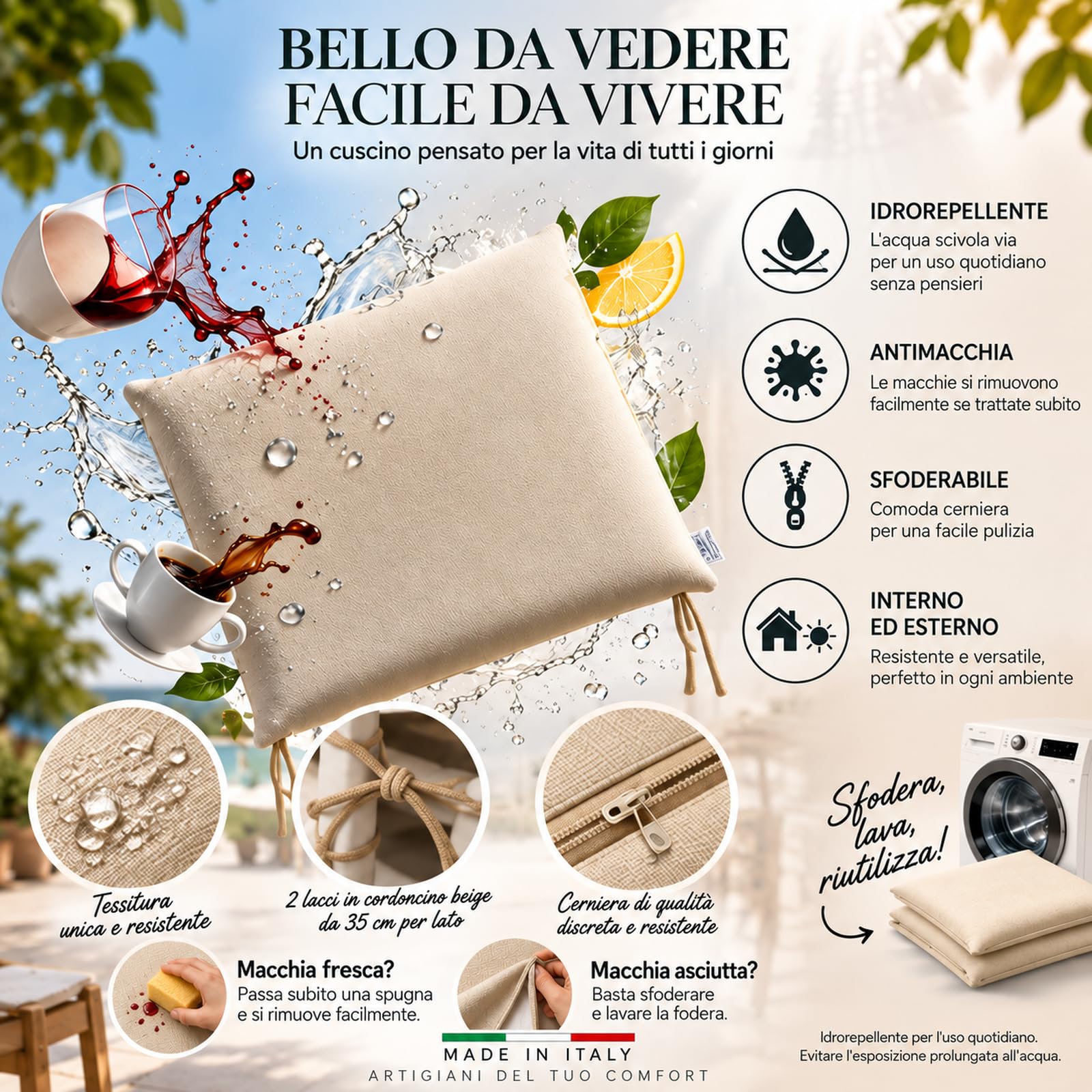 Il Tuo Artigiano Design Cuscini per Sedie da Cucina Made in Italy - Cuscini Copri Sedie Sfoderabili 40x40x4 cm - Tessuto Antimacchia con Cerniera e Laccetti (6, Panna)