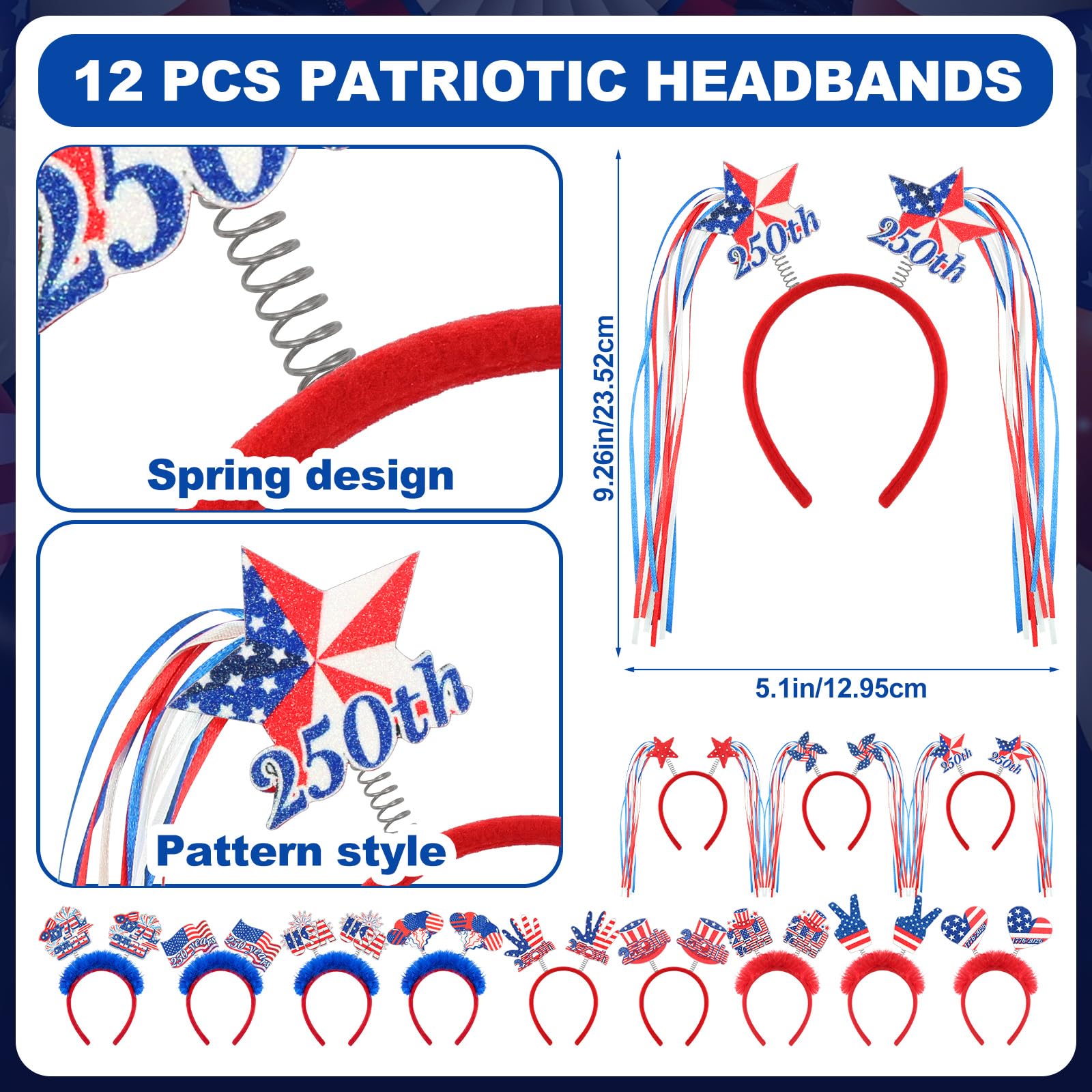 Condition photo showing Brand New for dingion 12 pcs customized 250th anniversary party accessories 250 4th of july headbands patriotic usa accessories american red white and blue headband for fourth of july independence day party favors