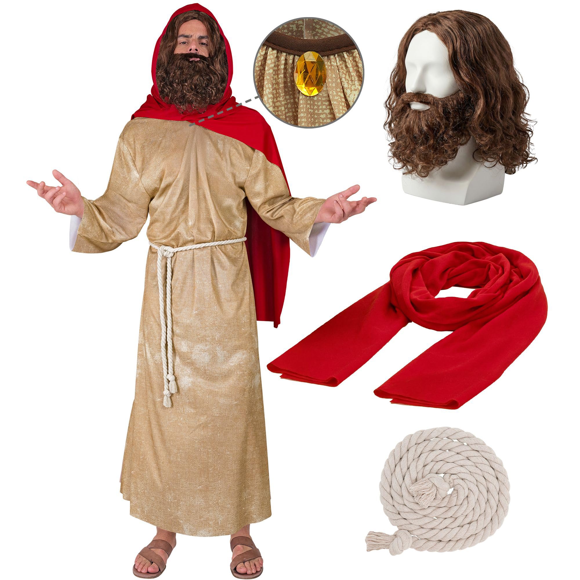 W WIDMANN MILANO Party Fashion - Messias Kostüm Herren | 5-teiliges Set mit Tunika, Gürtel, Schultertuch, Perücke und Bart für Krippenspiel, Theater, Mottopartys, Karneval