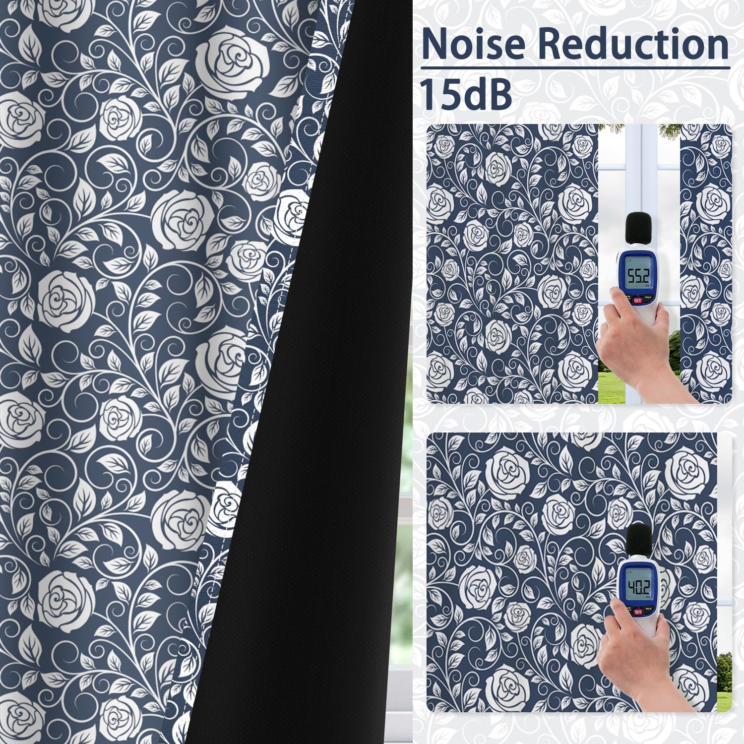 Bedroom Blackout Curtains 2 Panels Set - Vintage Navy Rose Floral Vine Patterned Curtains with Grommet Top, Thermal Insulated Light Blocking Living Room Window Treatments Drapes, 52Wx84L