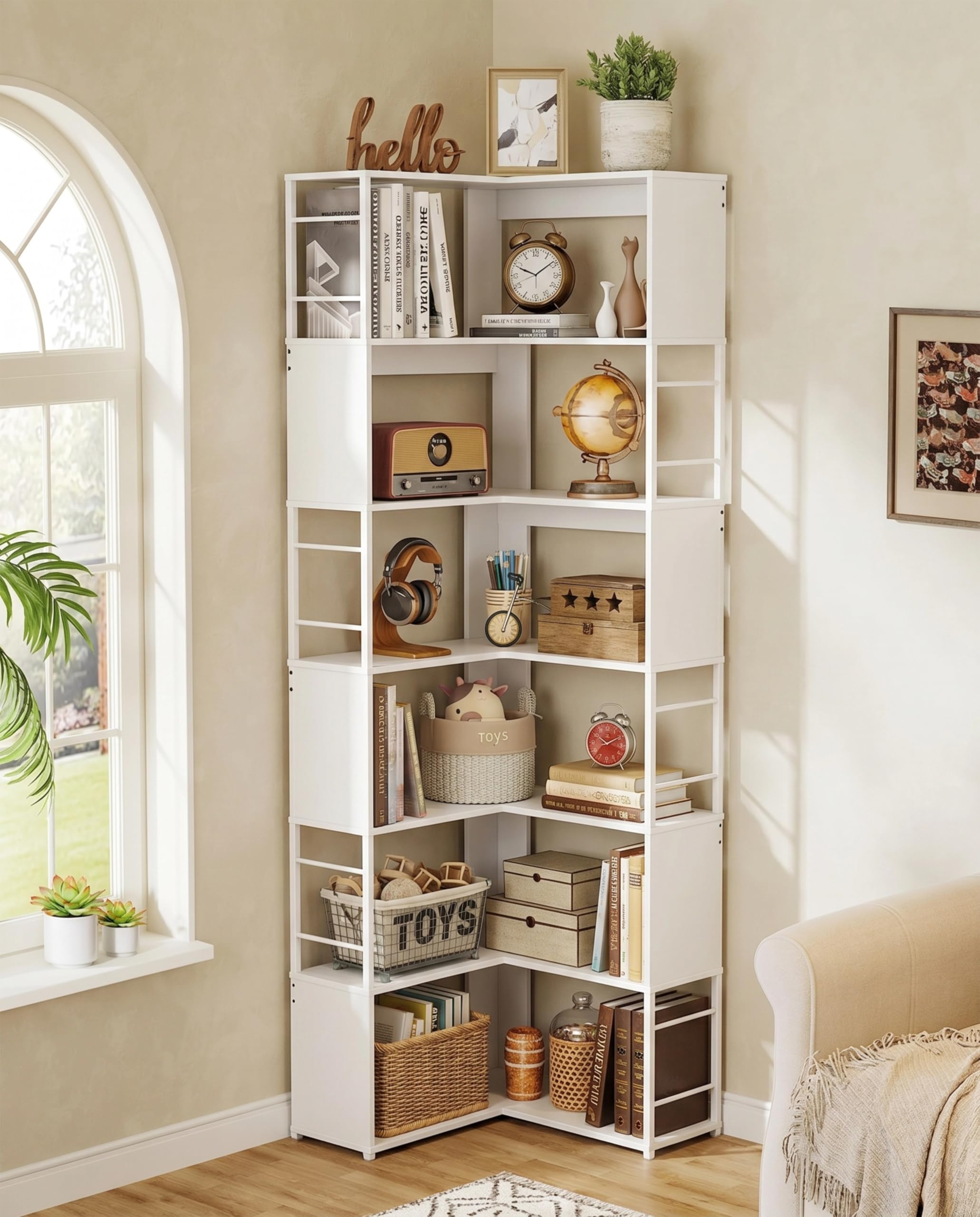 Quikraen 7-tier Corner Bookshelf, Tall L-Shaped Bookcase，White