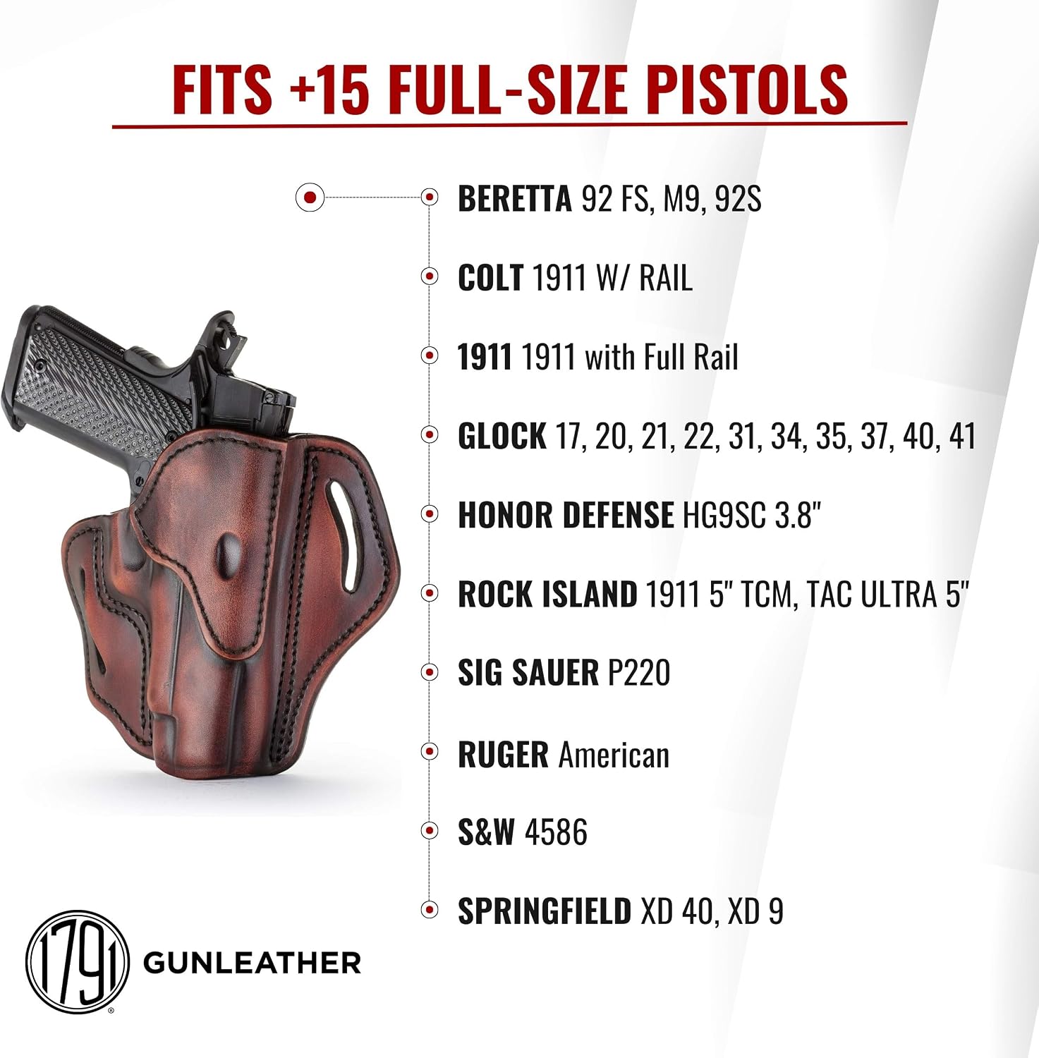 1791 GunLeather Holster, Right Hand OWB Leather Gun Holster Compatible with Sig Sauer P226, P220, P229, 1911 with Rails, HK VP9, Beretta 92FS