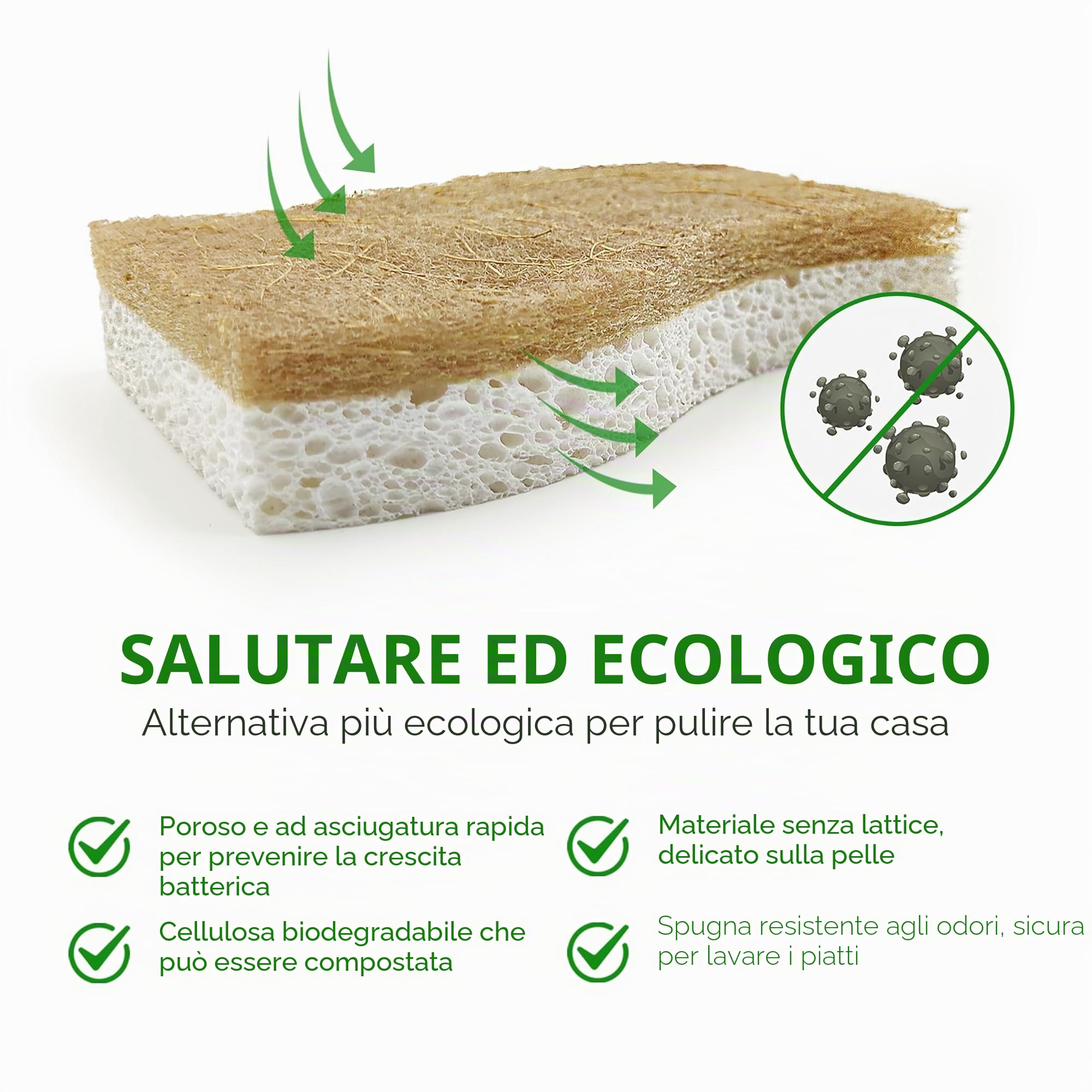 AIRNEX - Spugna da cucina naturale biodegradabile, spugna compostabile in cellulosa e noce di cocco, con funzione abrasiva, spugne ecologiche per piatti, confezione da 12 pezzi