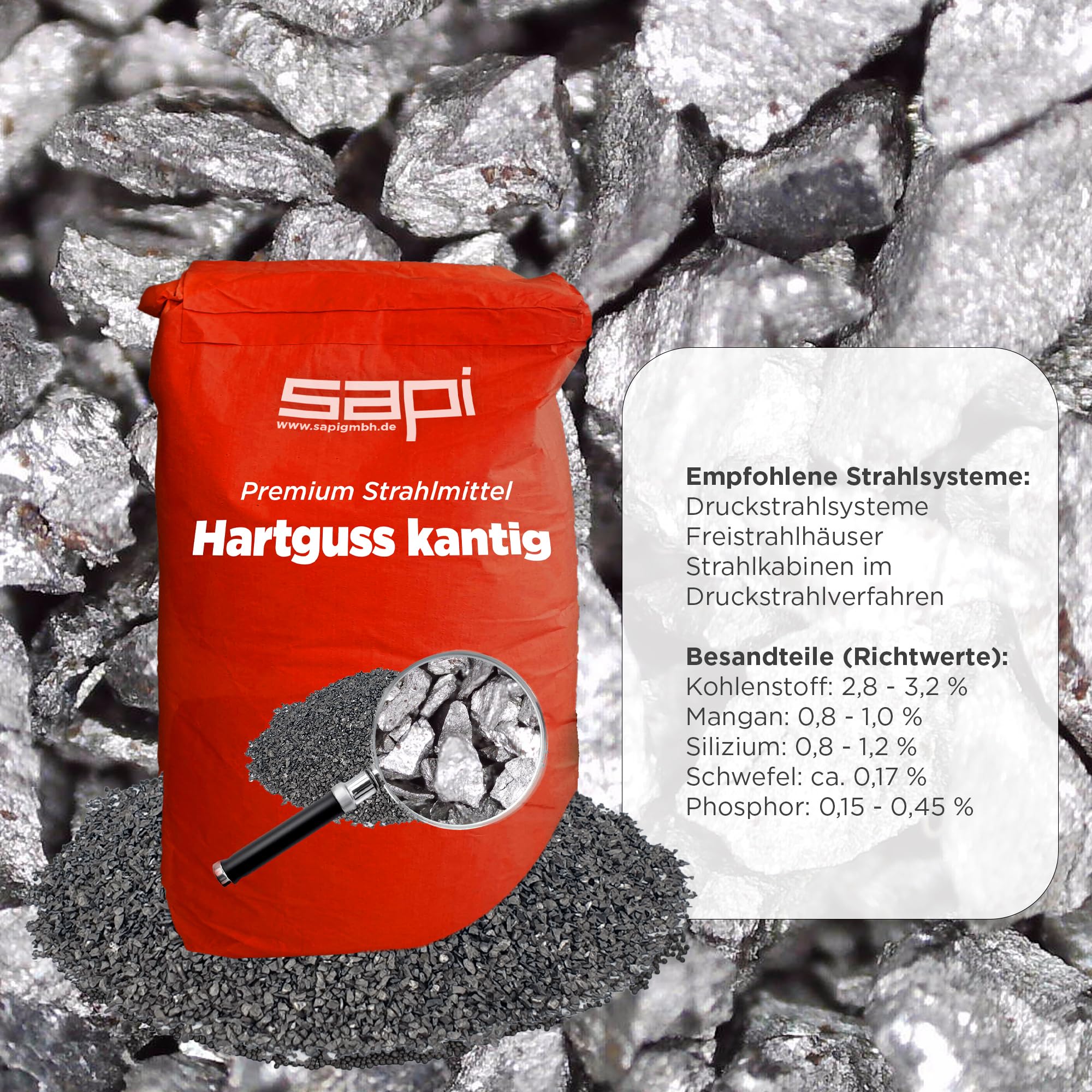 25 kg, SAPI Hartguss kantig Strahlmittel, G34 (0,8-1,2 mm), Körnung, Papiersack, Premium Strahlmittel zur Oberflächenbehandlung
