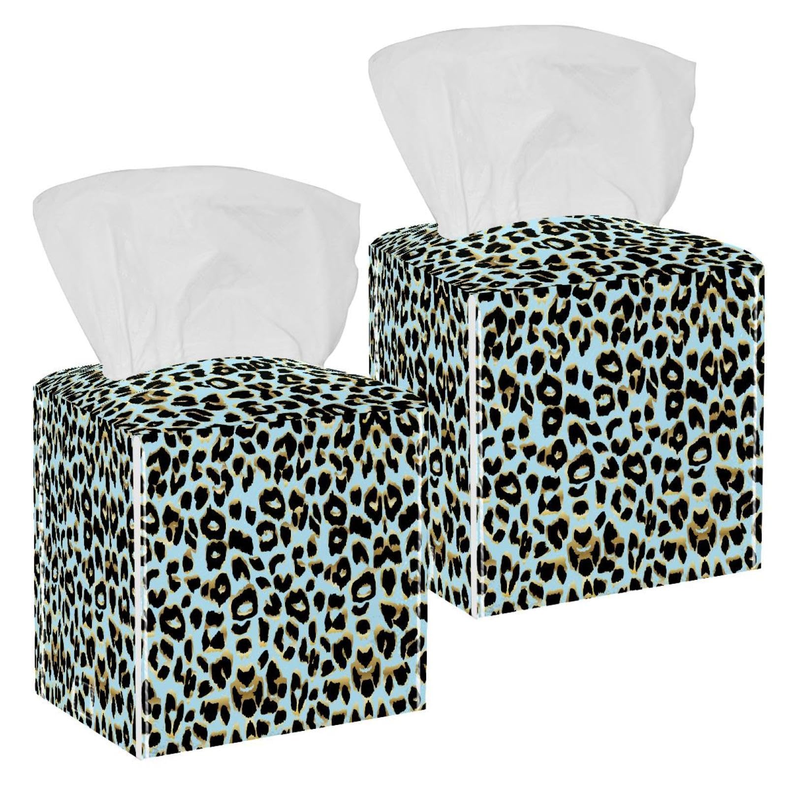 2 Pack Leopard Tissue Box Cover Holder Square Tissue Foldable Cube Cover PU Leather Tissue Organizer with Bottom Belt for Bathroom, Tabletop, Car, Night Stands, Office