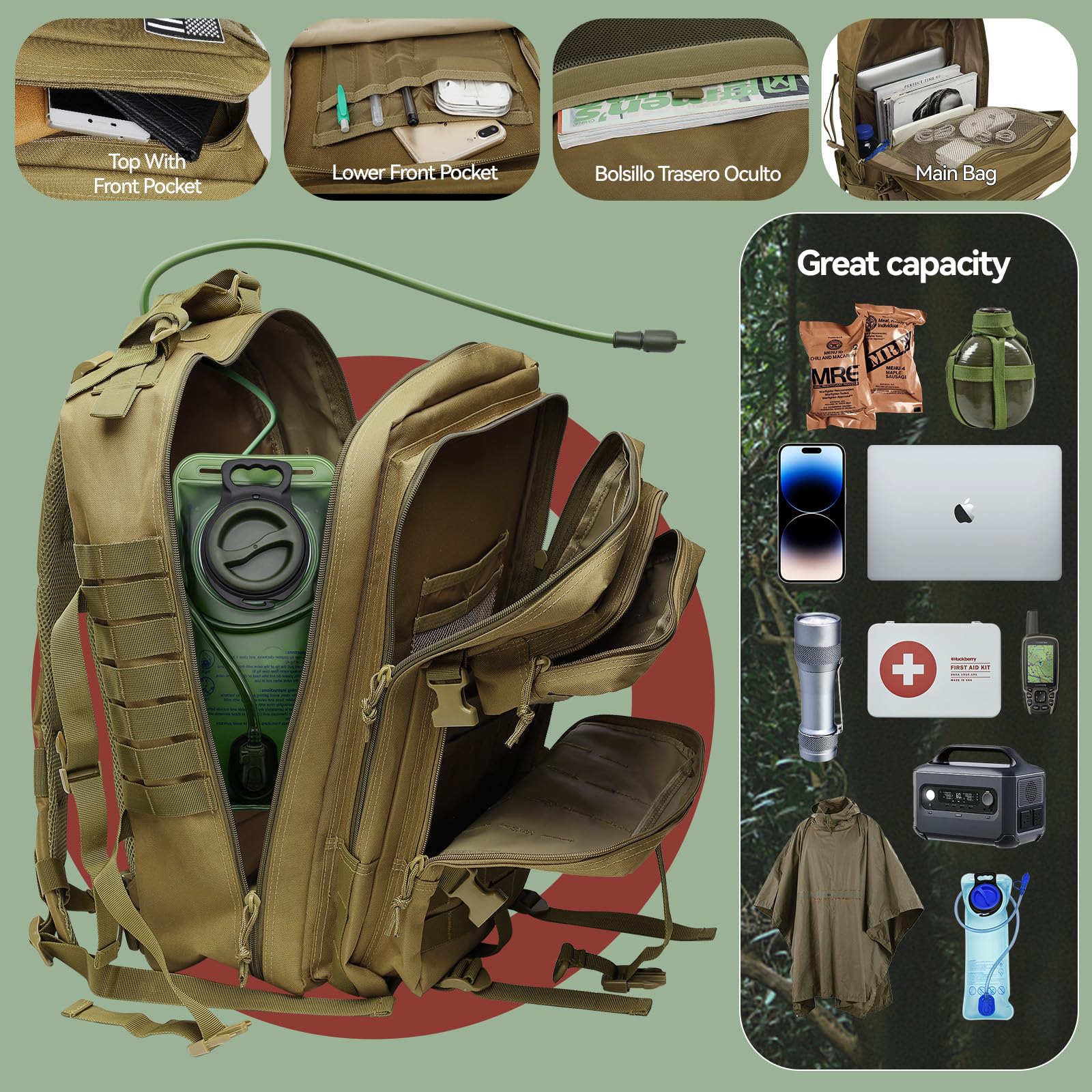 Delgeo Mochila Tactica 45L Militar, Gran Capacidad 45 * 30 * 20cm Mochila Crossfit, Plegable Impermeable Mochila Para Montañismo,Senderismo,Camping y Viajes (Caqui) ASIN