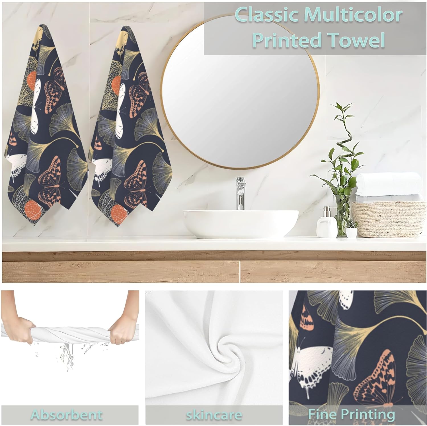 Ginkgo Leaves Hand Towels Set of 2 - Vintage Floral Fingertip Polyester Cotton Soft Bath Towels for Bathroom, Kitchen, Hotel, Spa - 14"X28" - Image 6