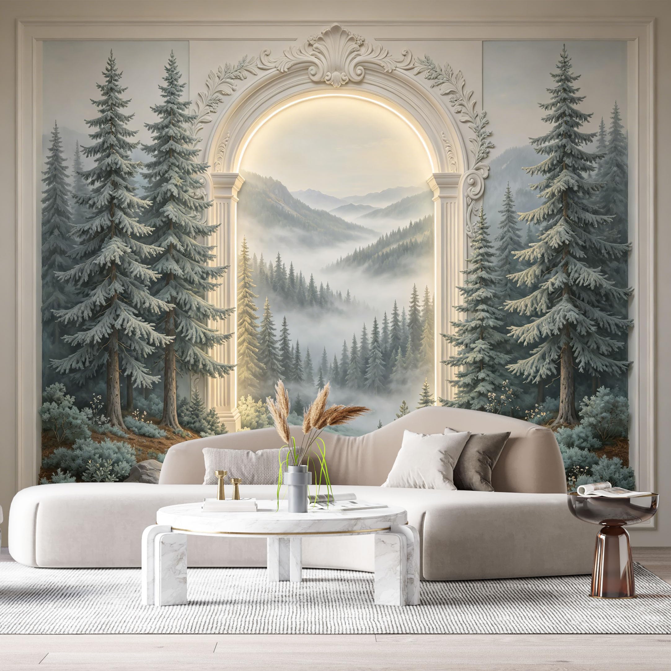 Custom Size Wall Murals Misty Pine Forest Mountain Archway 3D Trompe L'Oeil SelfAdhesiveWall Fabric Removable Wallpaper Wall Decor for Living Room Bedroom Bathroom