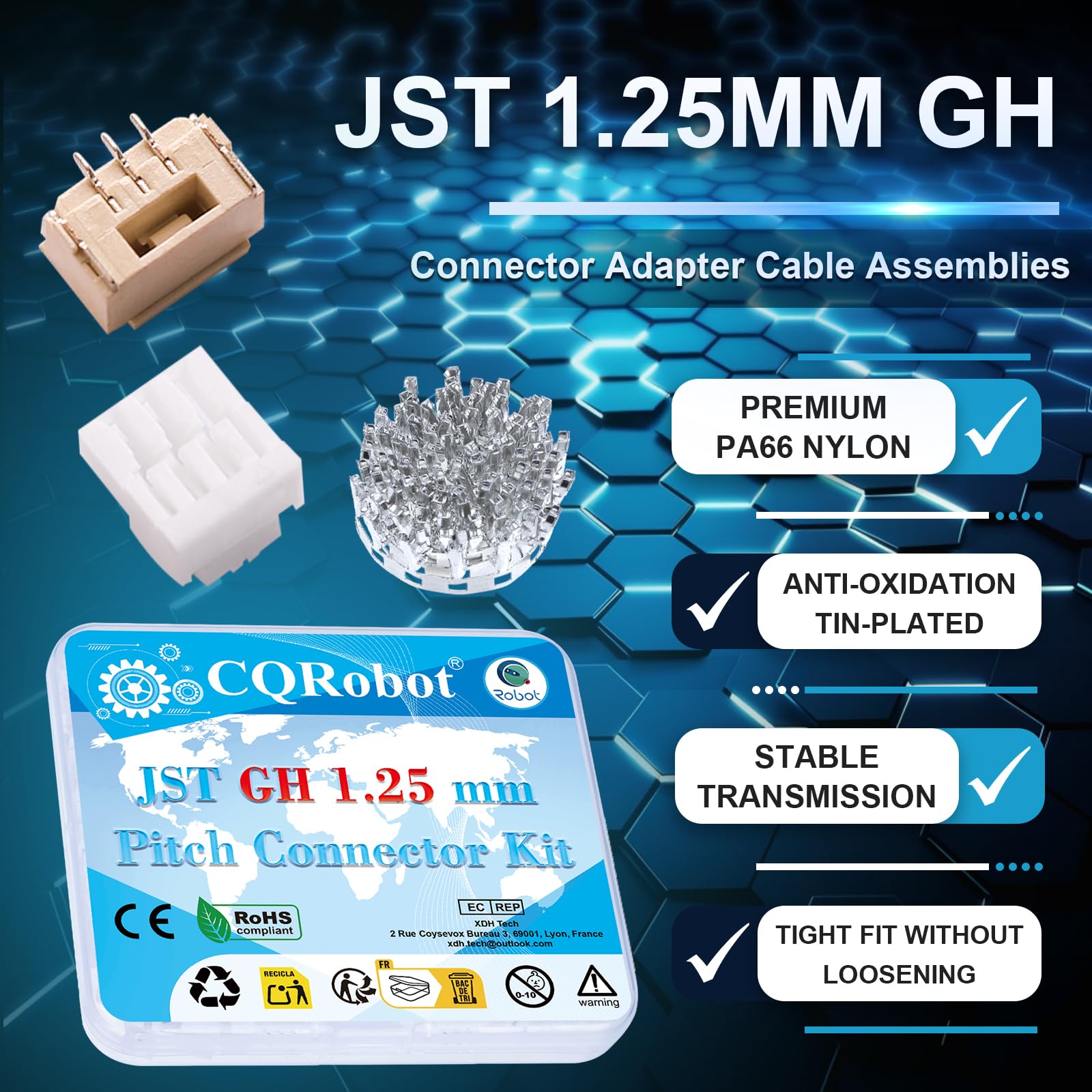CQRobot JST GH 1,25 mm 3-pinowe złącze elektroniczne IC męskie złącze, żeńskie gniazdo i zacisk zaciskowy w kształcie litery T. 80 zestawów/400 sztuk elementów kabla adaptera ostrego drutu.