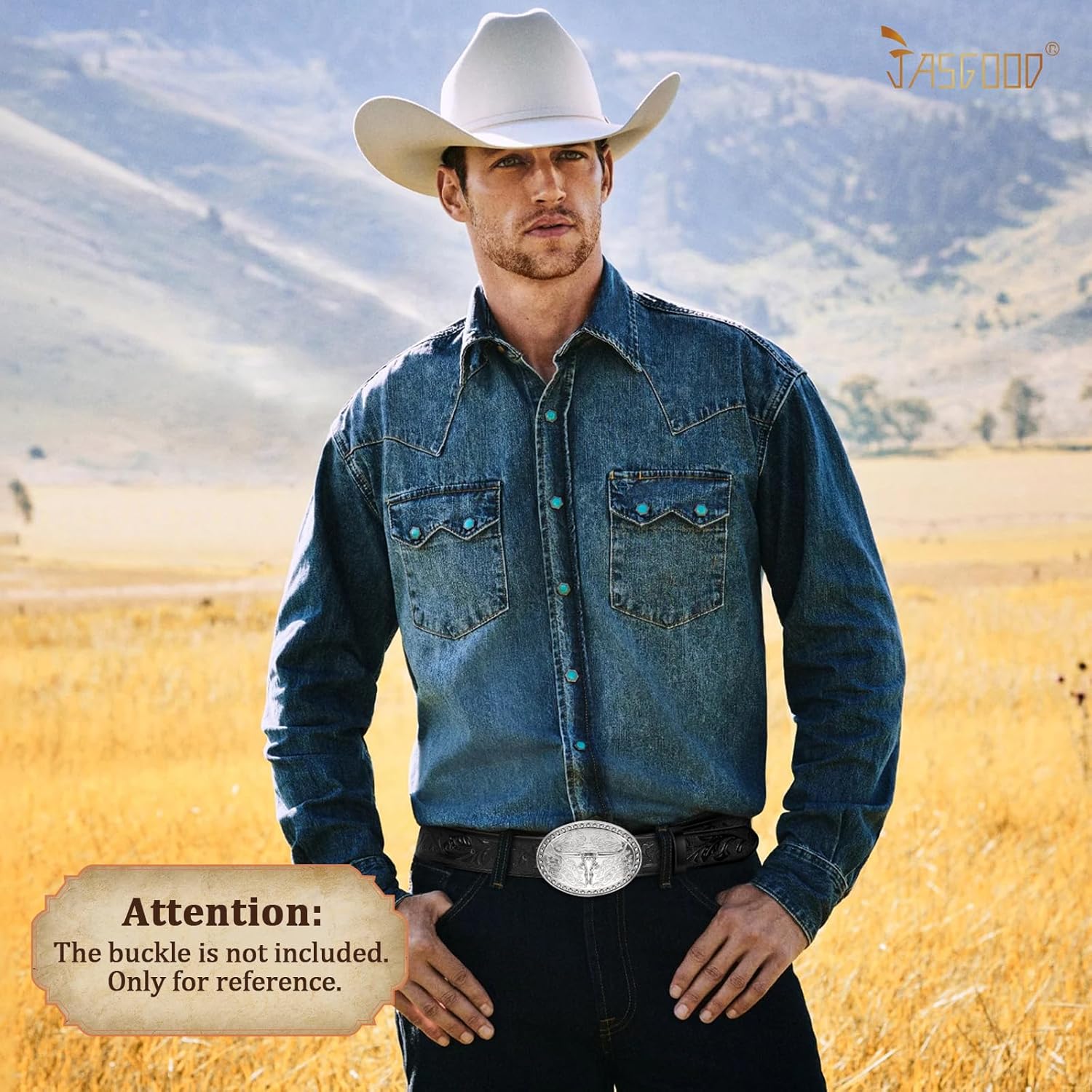 JASGOOD Western Leather Belt Strap for Men without Buckle Engraved Embossed Cowboy Leather Belt Strap 1.5 inch Wide - Image 2