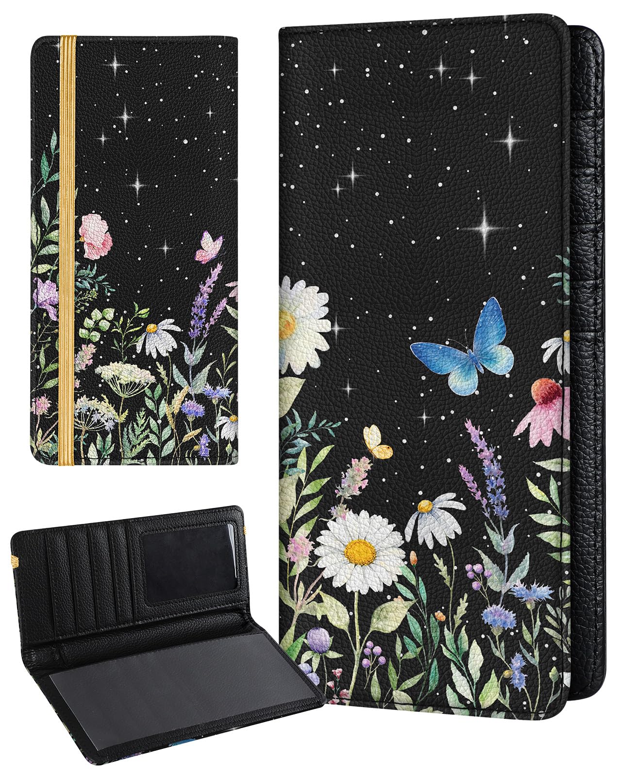 Slohif Checkbook Cover for Personal Duplicate Checks - Women Check Cover Book Wallet Holder Black Star Flower Faux Leather Top Side Tear