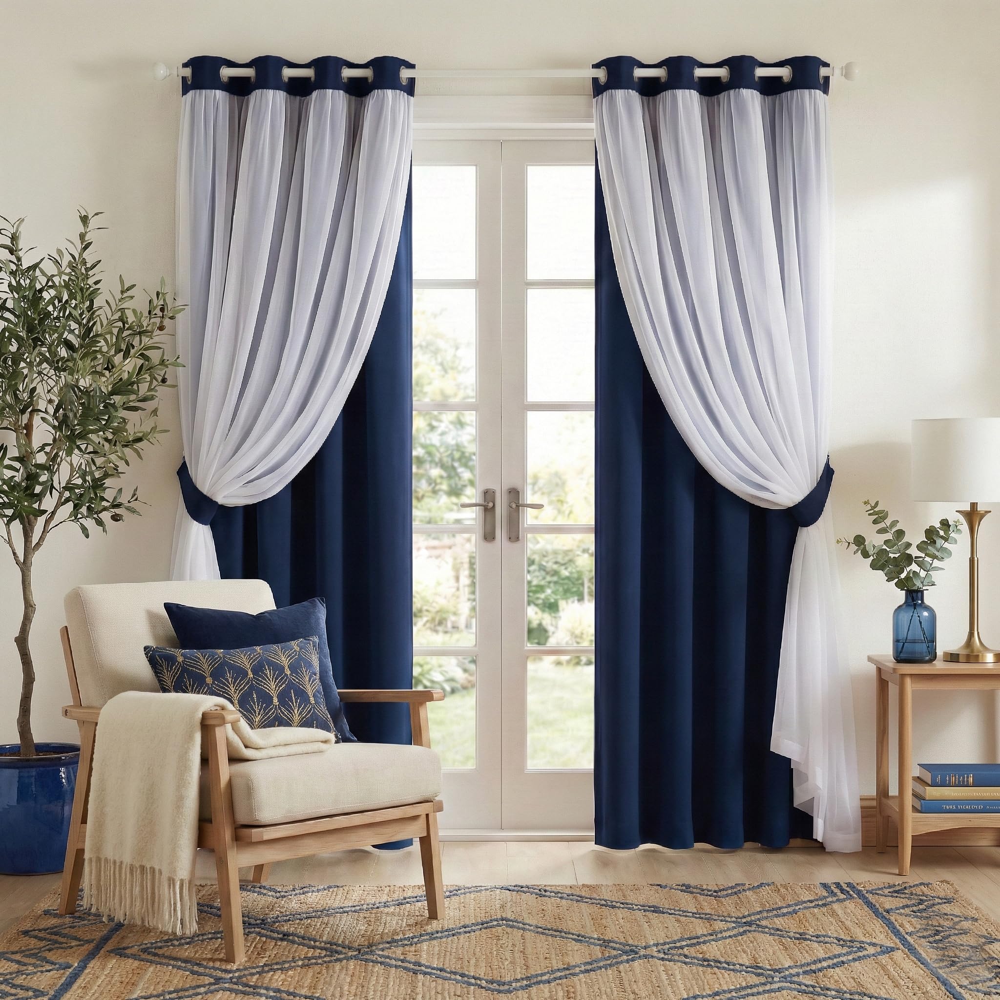 PONY DANCE Navy Blue Double Layered Curtains with Sheer Overlay, 52W x 84L