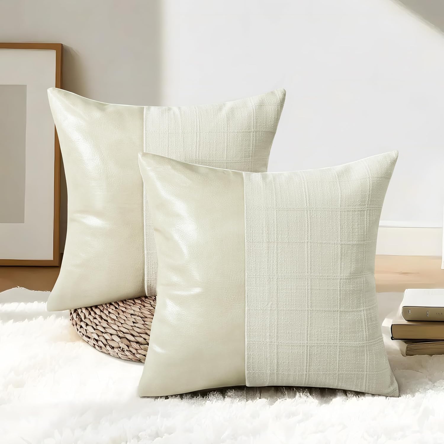 Set of 2 Faux Leather Patchwork Linen Plaid Pillow Cover 18x18 Inch, Beige Decorative Throw Pillow Covers Modern Farmhouse Boho Accent Cushion Cover for Couch Sofa Bed Living Room