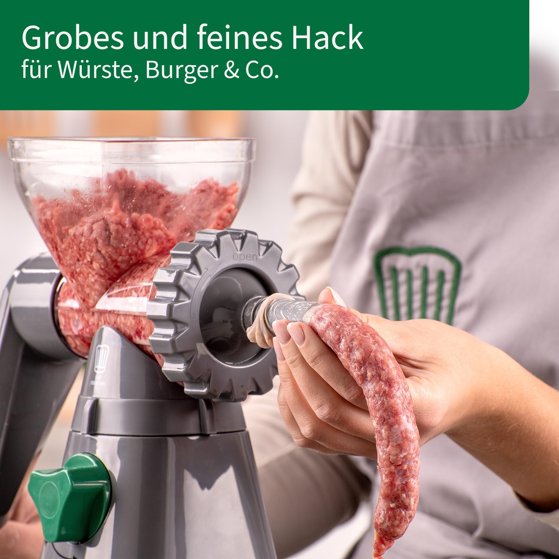 FACKELMANN Chefkoch Fleischwolf mit Gebäckvorsatz – Drehwolf für Fleisch oder als Gebäckpresse zum Backen – 2 Lochscheiben (feines & grobes Hack) & 6 Formen für Spritzgebäck