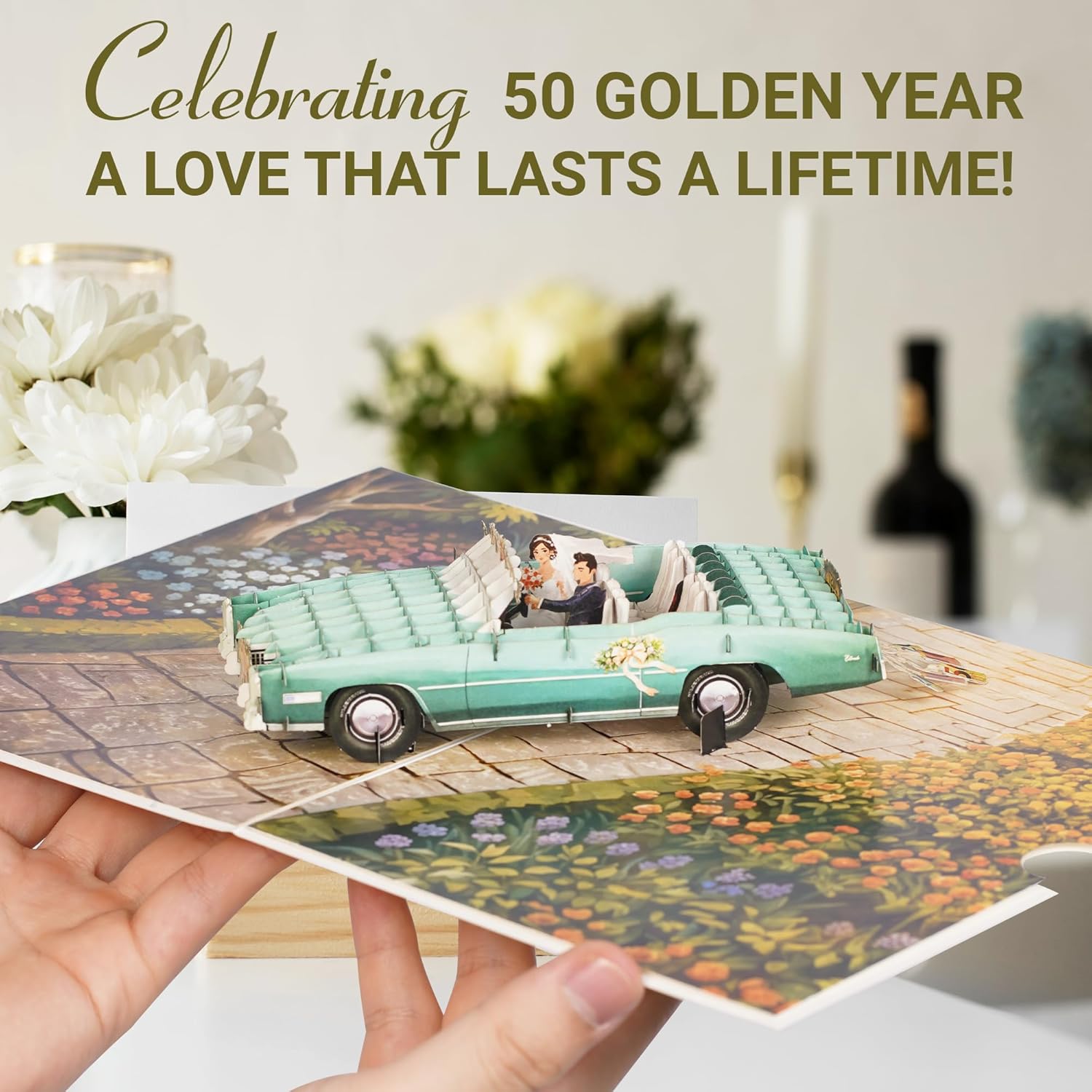 3D Popup 50th Wedding Anniversary Card – Just Married Car Design, 50th Anniversary Decorations & Gifts for Couple, Husband, Wife, Parents, Friends – Memorable Golden Anniversary Keepsake image 2 of 8 B0F9K8KS8B