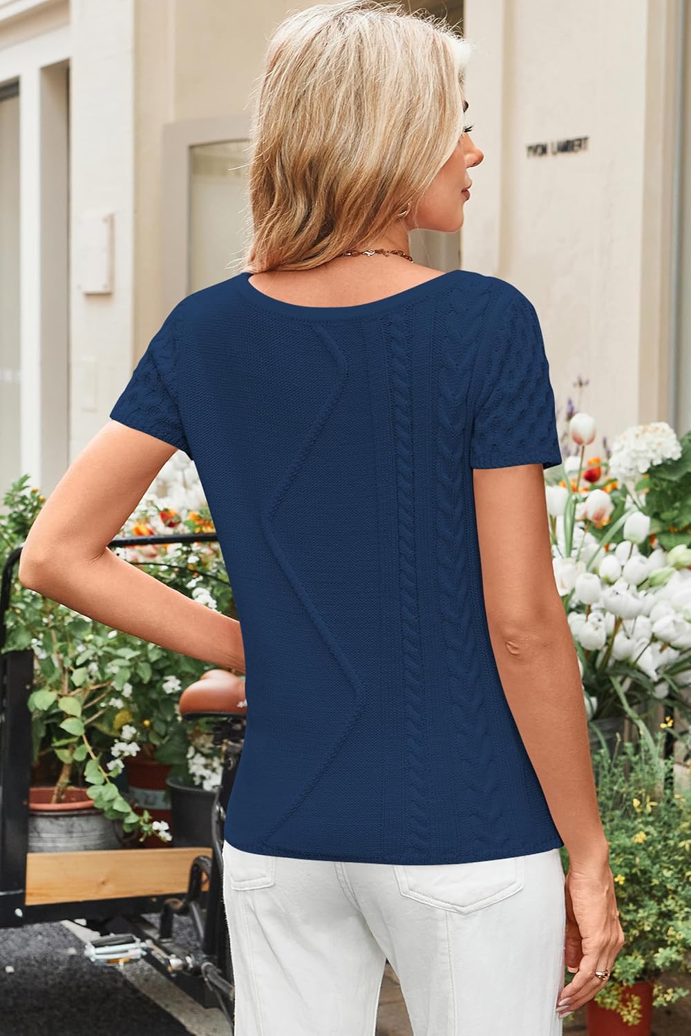 Cakulo Womens Cable Knit Off The Shoulder Sweaters Tops Short Sleeve Crew Neck Pullover Sweater 2025 Navy Blue M - Image 2