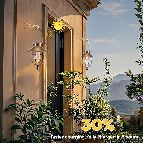 Miniatura 9 de Faroles solares colgantes de metal vintage para exteriores, lámpara de luces solares blancas cálidas, impermeable, diseño de bombilla Edison para