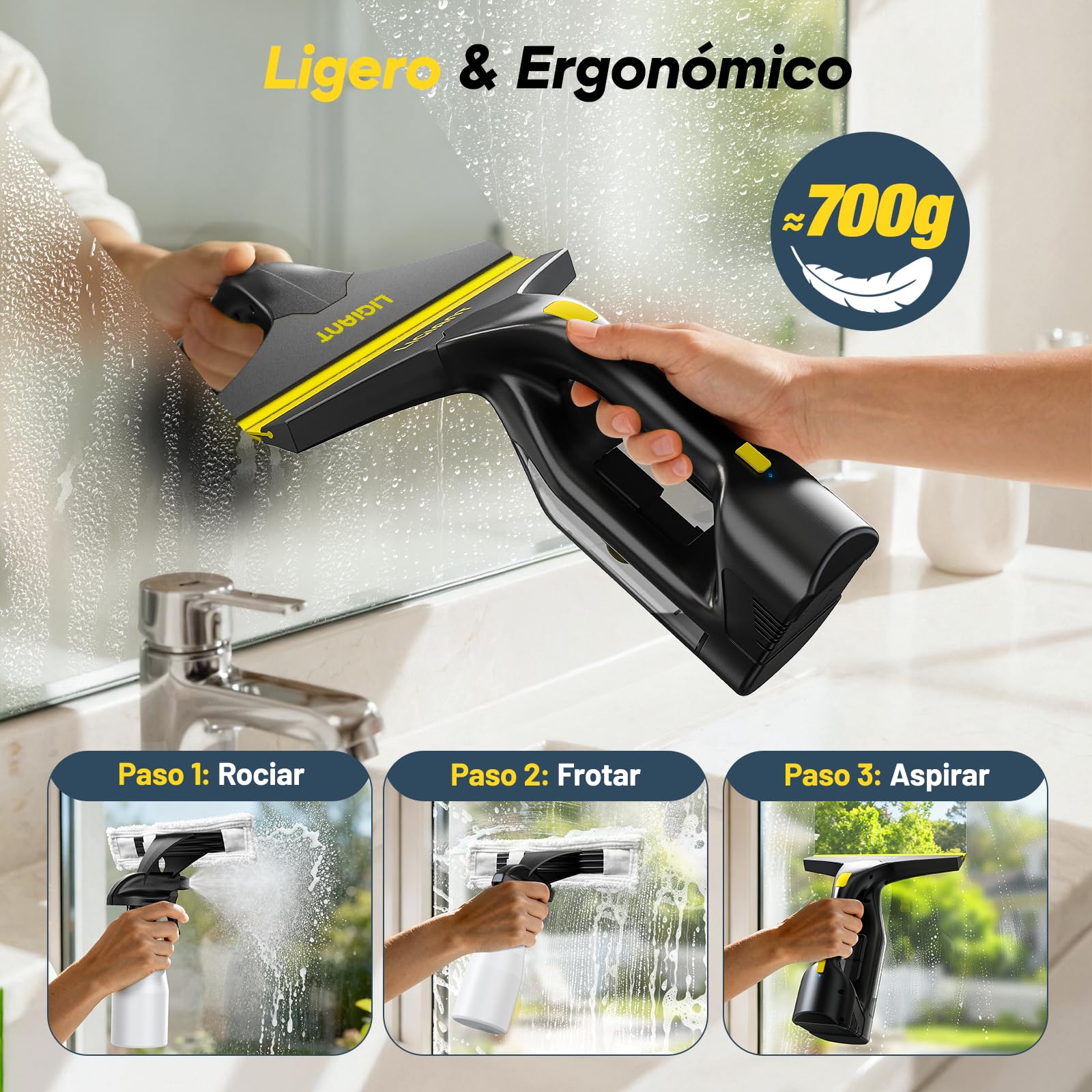 LIGIANT CL03A Limpiadora de Cristales, Autonomía de Batería: 35 min, Boquilla 280 mm, Botella Pulverizadora y Paños de Microfibra, Carga Type-C, Ligero 700 g, Para Ventanas, Azulejos, Espejos y Ducha